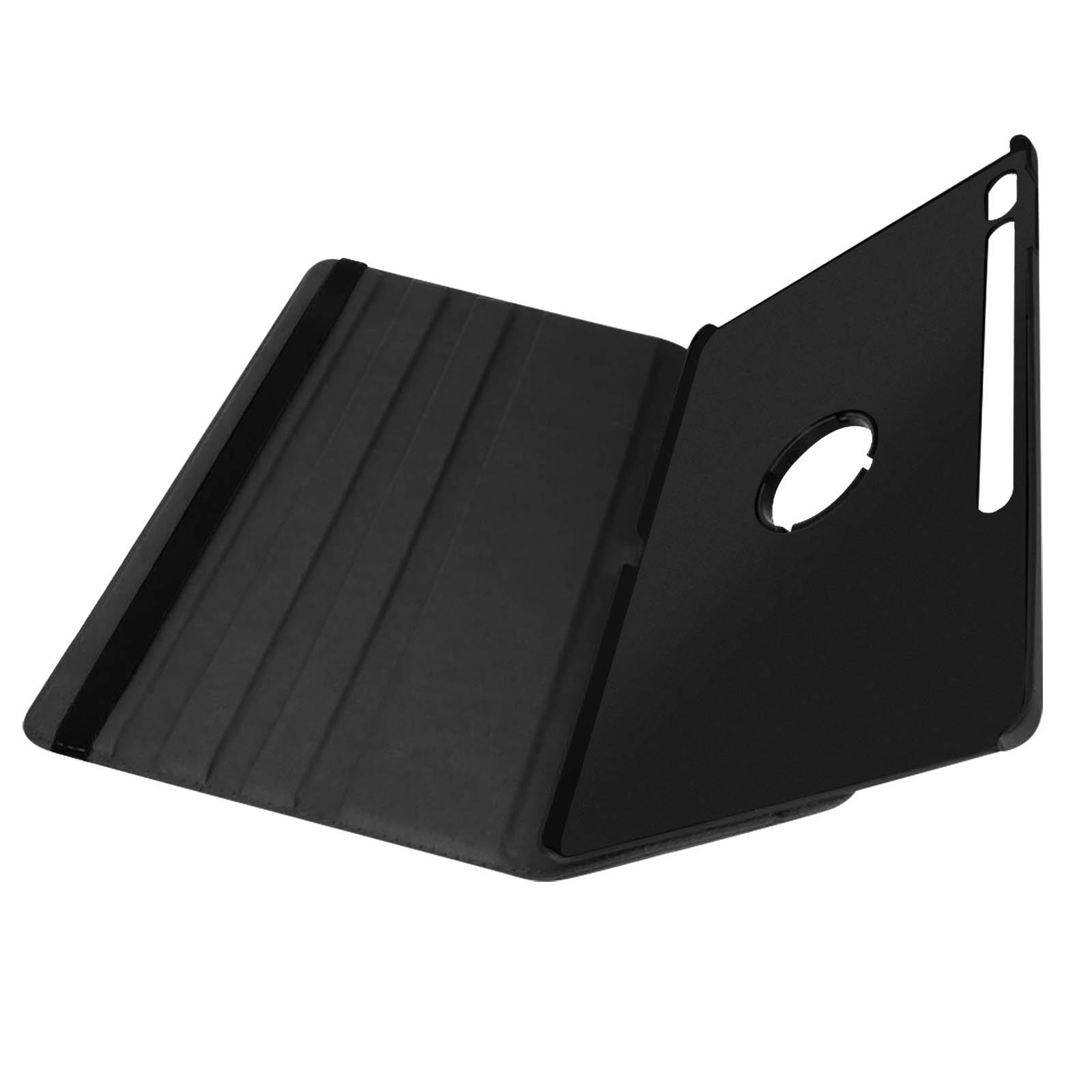 Custodia nera per tablet che si apre a metà. Un lato è aperto.