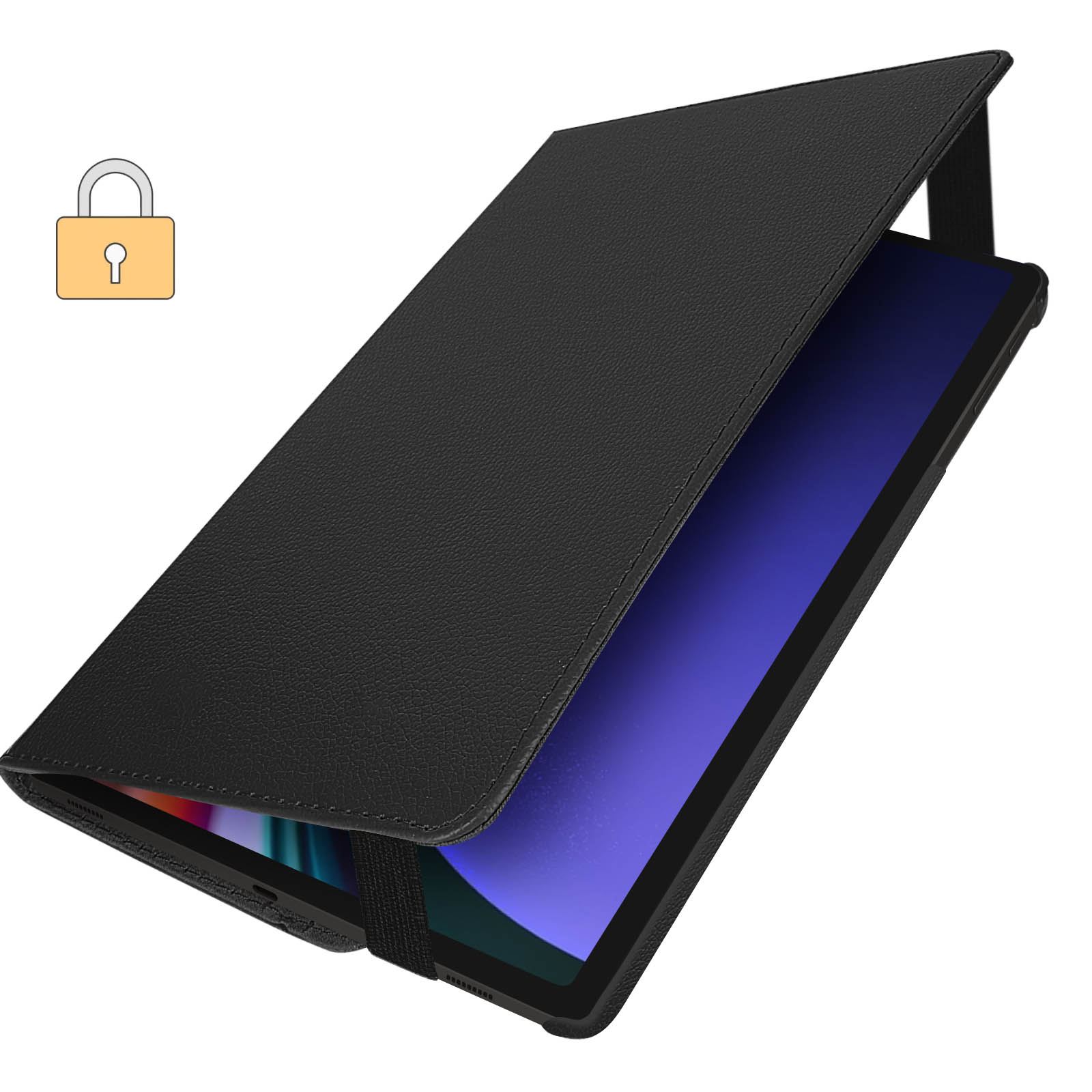 Un tablet in una custodia nera. La custodia è aperta, mostrando lo schermo del tablet.