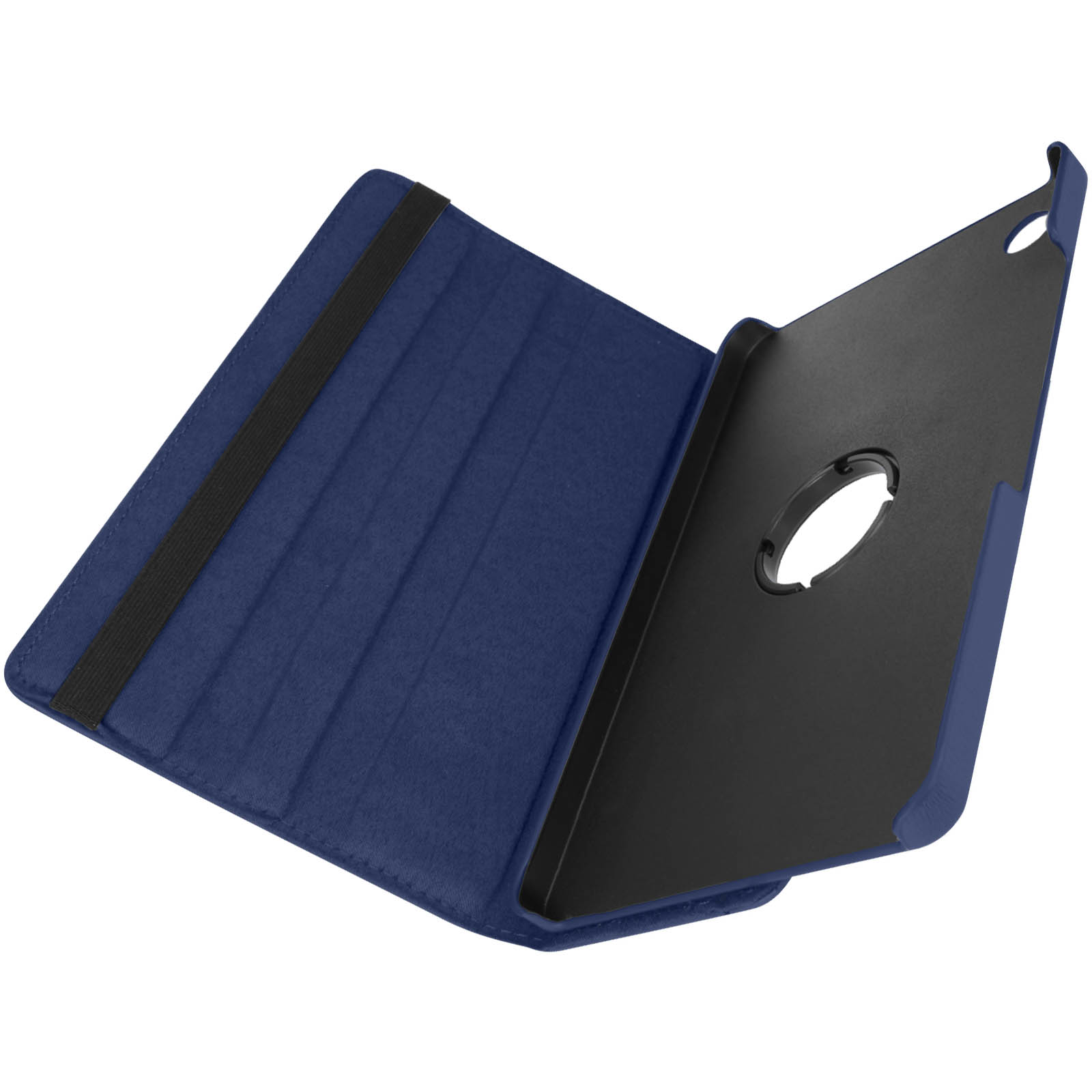 Custodia per tablet blu, aperta. Un tablet nero è dentro. La custodia è aperta.