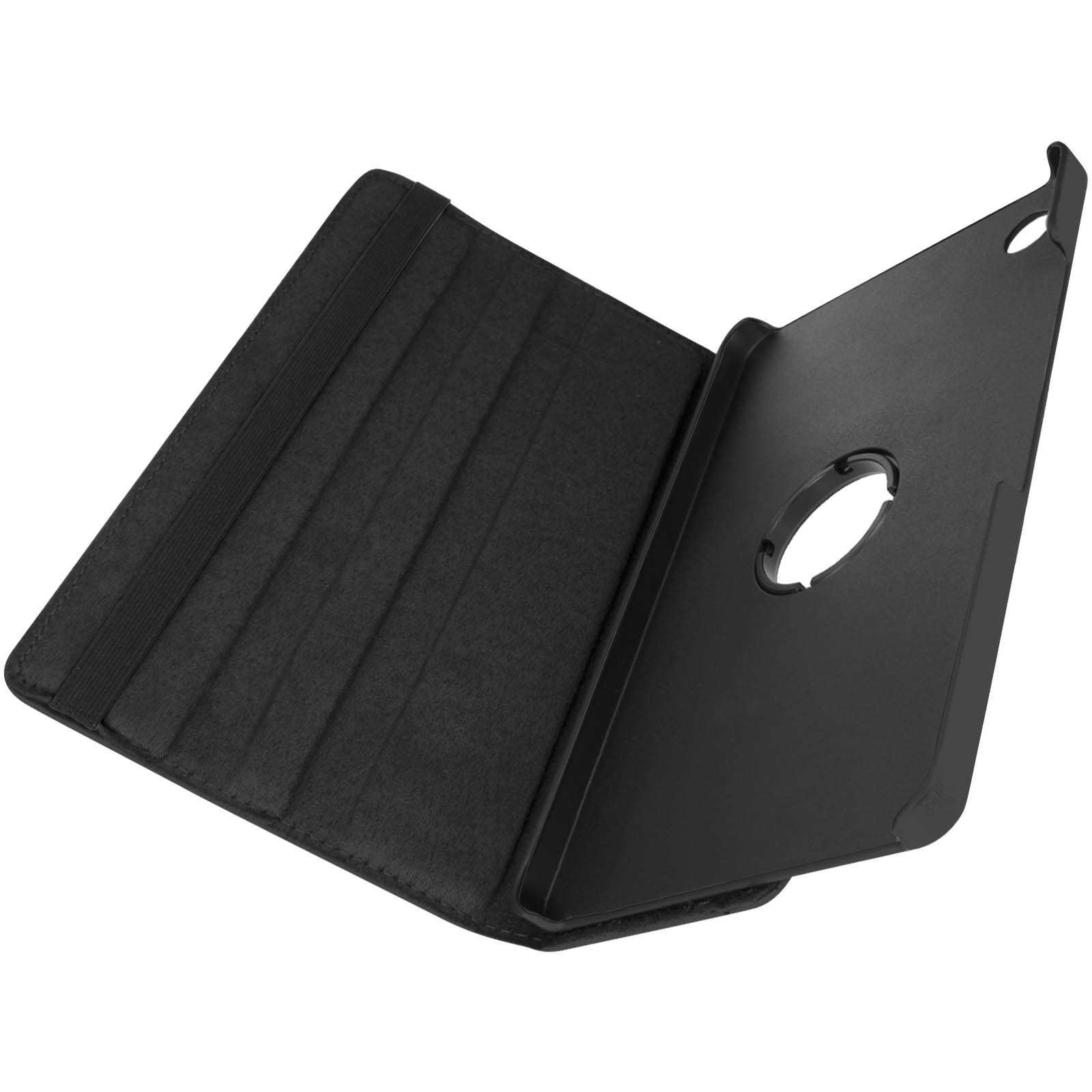 Custodia per tablet nera, aperta, che mostra l'interno con fasce elastiche.