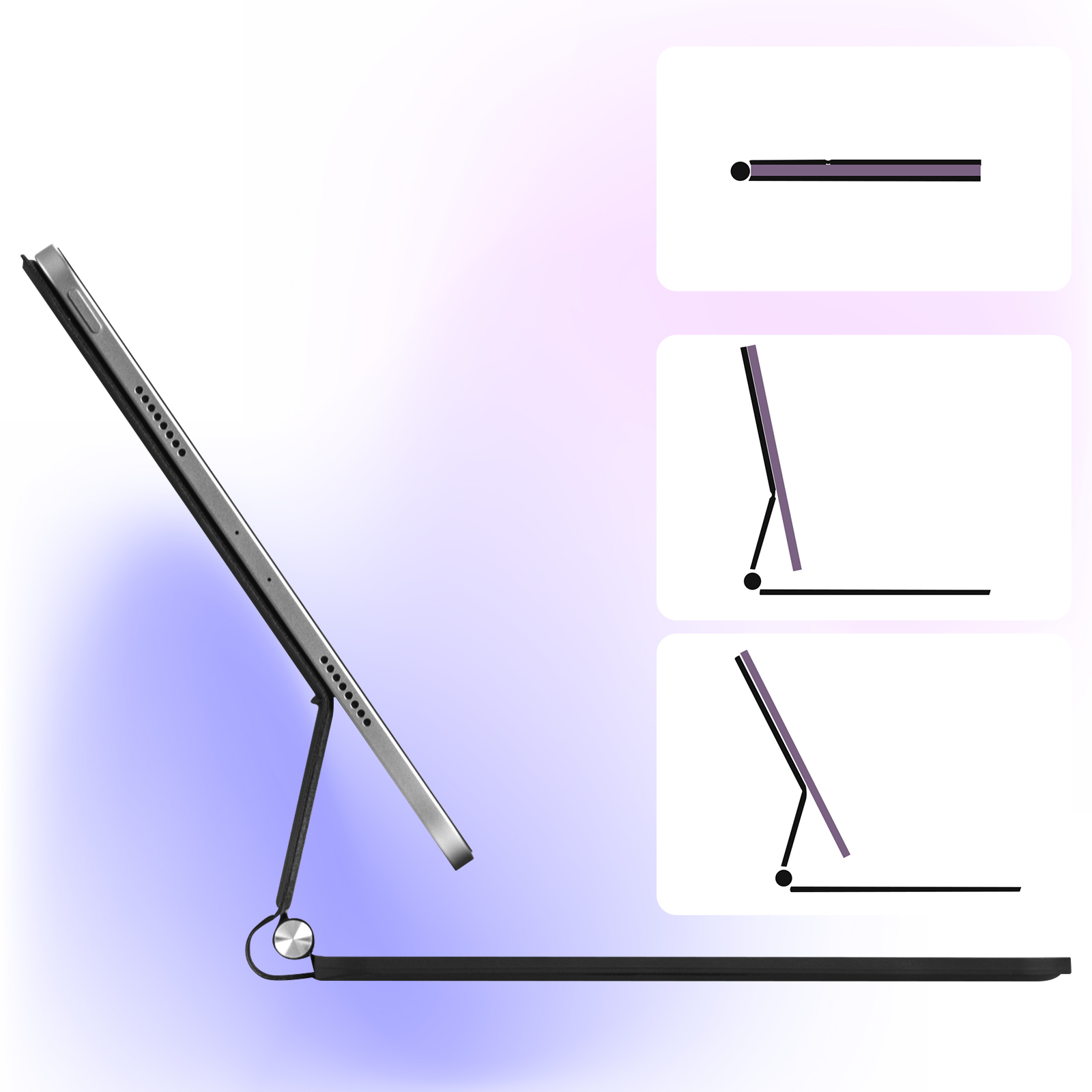 Vista laterale di un tablet, puntellato. I diagrammi mostrano angoli del tablet, puntellati a diverse inclinazioni.