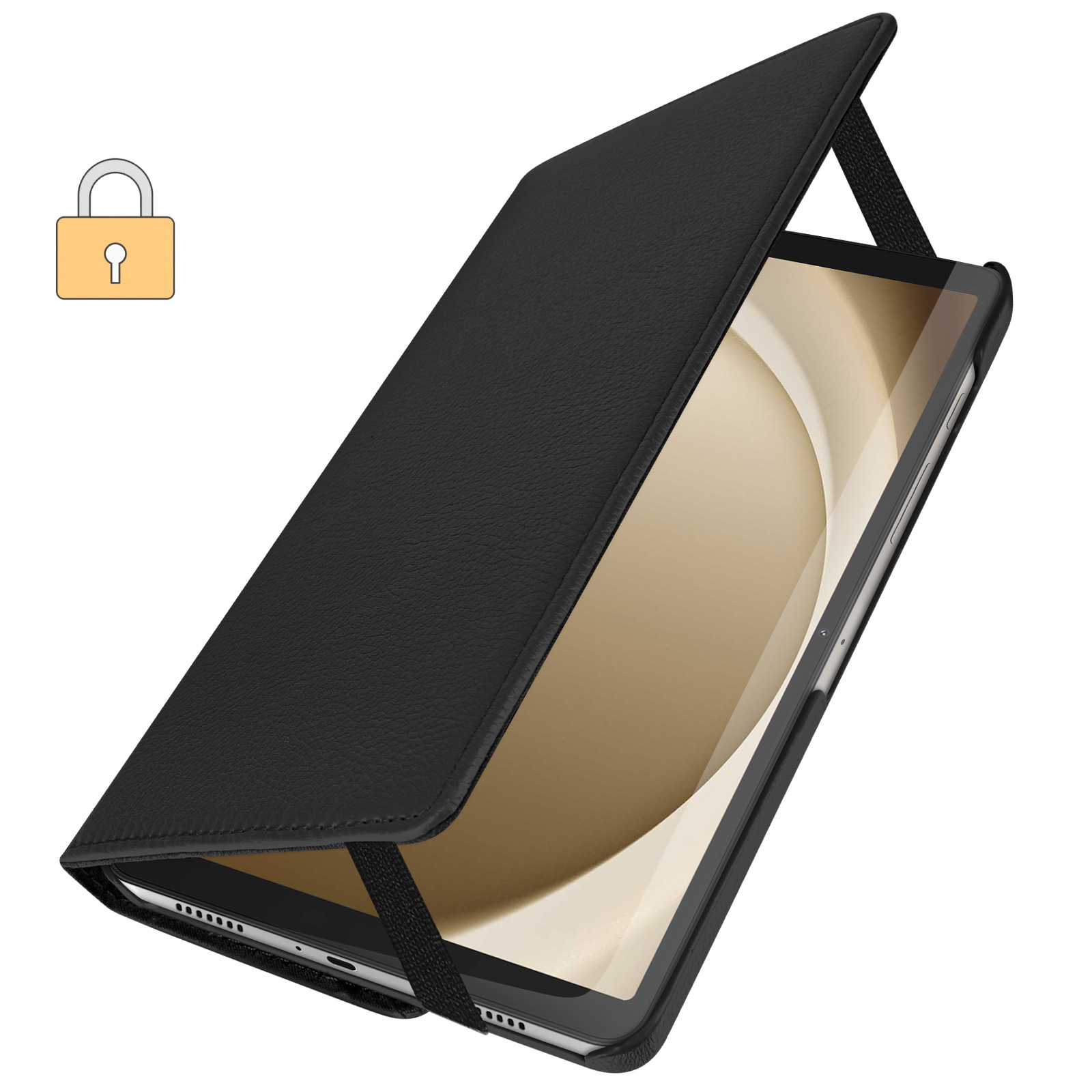Custodia per tablet nera con cinturino, aperta, accanto a un'icona di lucchetto.