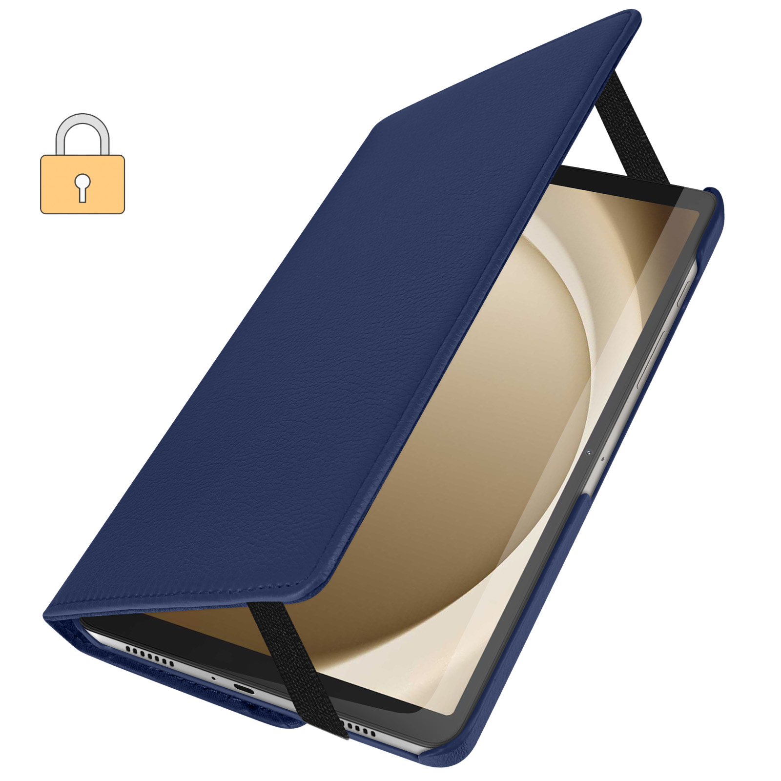 Custodia per tablet blu chiusa, con cinturino nero e icona di lucchetto. Il tablet è dentro.