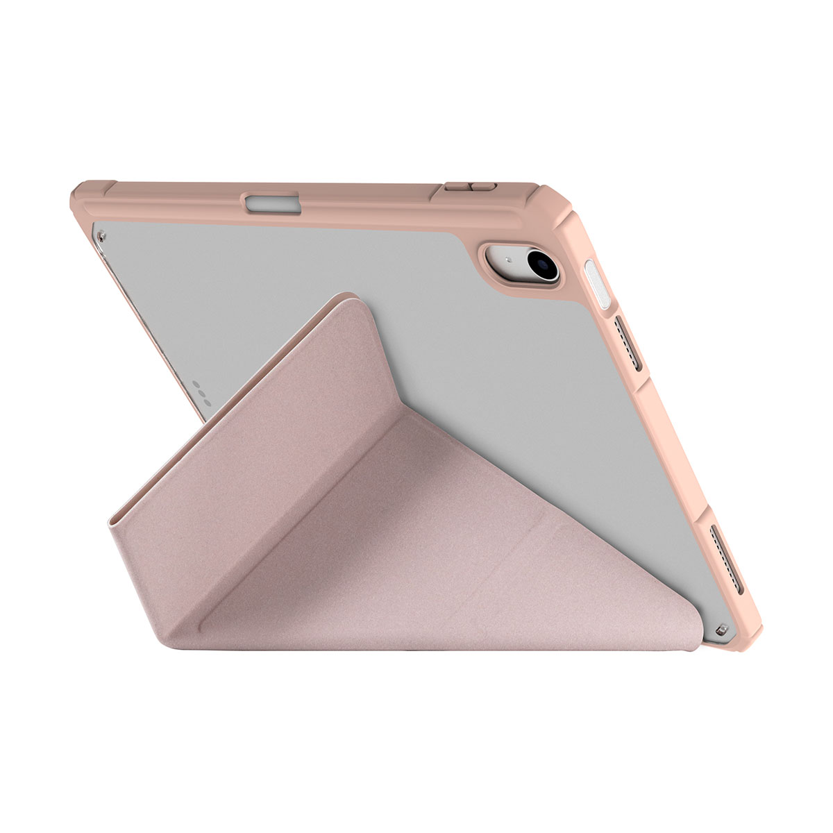 Custodia per tablet rosa, aperta e angolata per mostrare il tablet all'interno, superficie bianca.