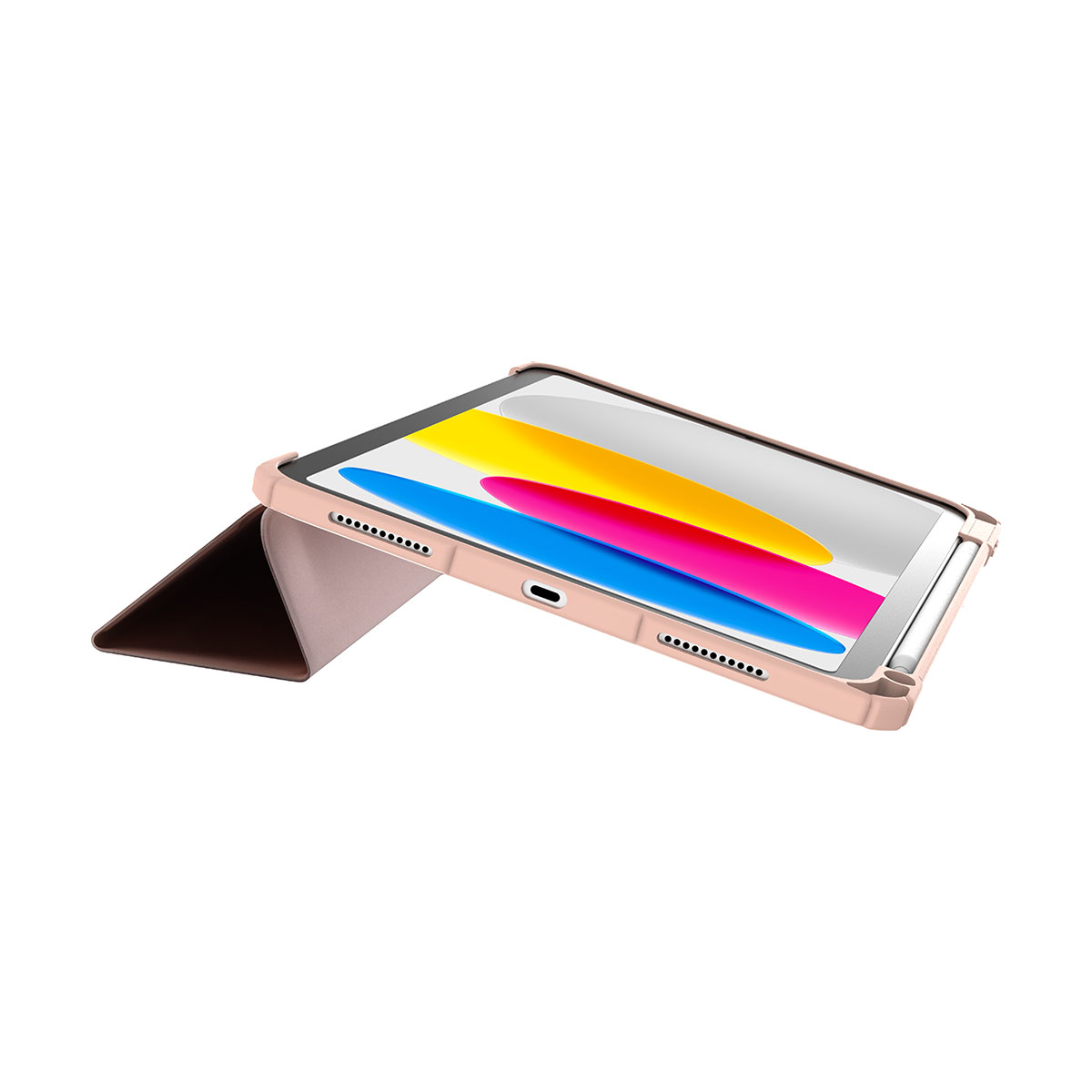 Tablet in una custodia rosa, aperto per mostrare lo schermo con onde colorate. Custodia marrone a sinistra.