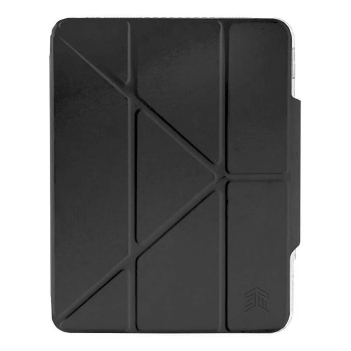 Custodia per tablet nera con un motivo geometrico sulla parte anteriore. La custodia è chiusa.