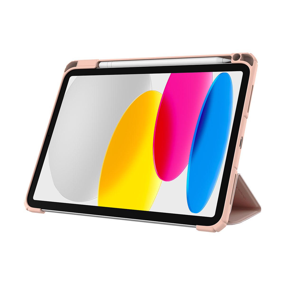 Un tablet è in una custodia rosa, sollevato. Uno stilo è attaccato. Lo schermo mostra colori.