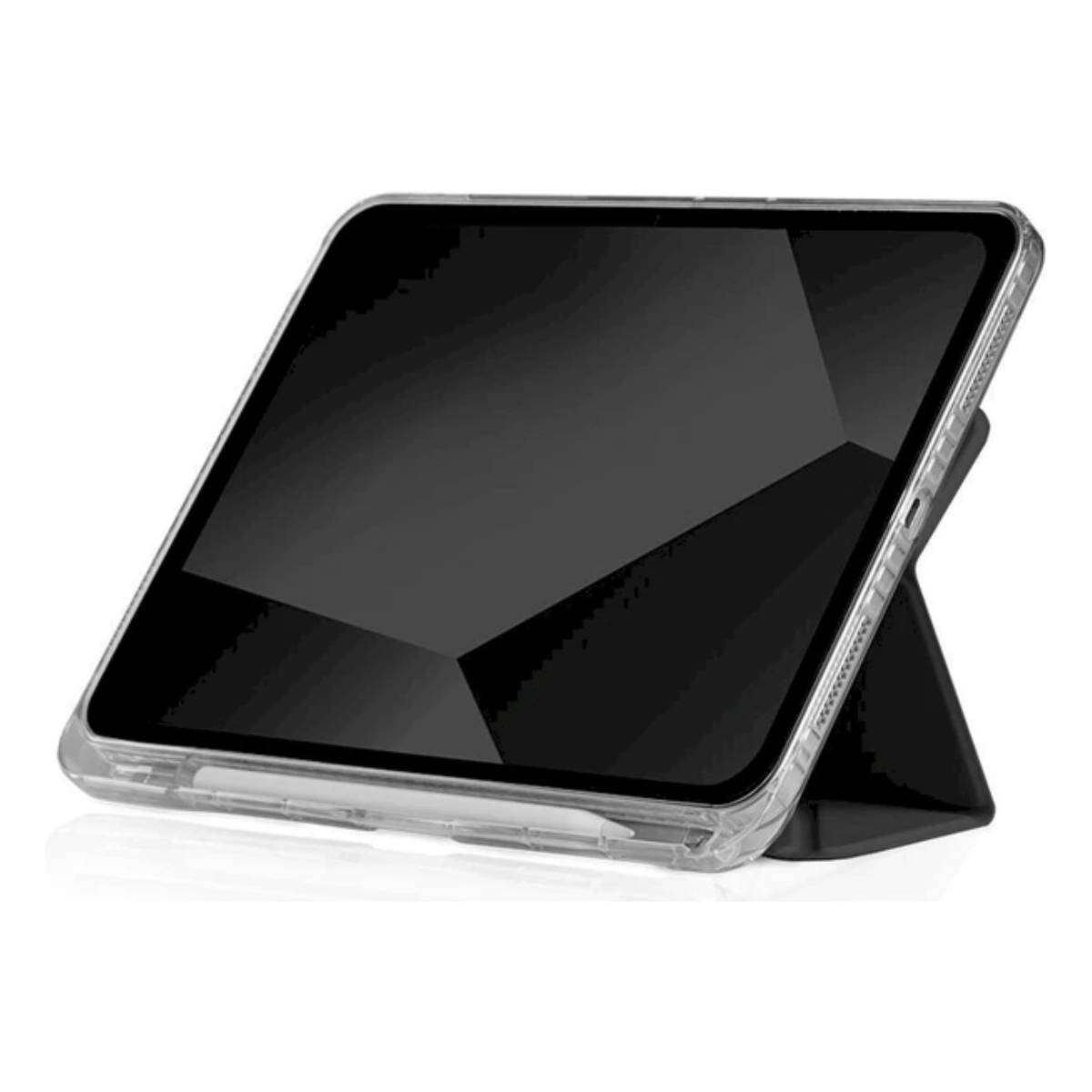 Tablet in una custodia trasparente, che mostra uno schermo nero, appoggiato.
