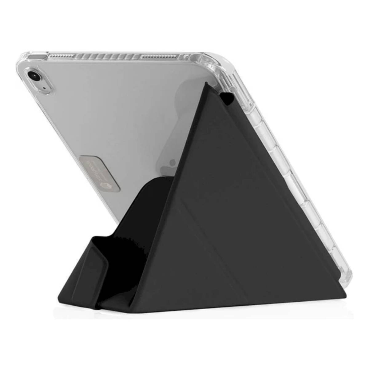 Tablet in una custodia trasparente, sorretto da un supporto triangolare nero. Sfondo bianco.