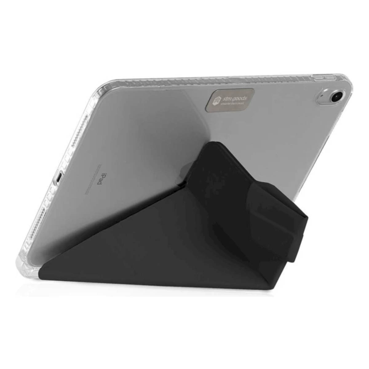 Un tablet in una custodia trasparente, appoggiato su un supporto nero.