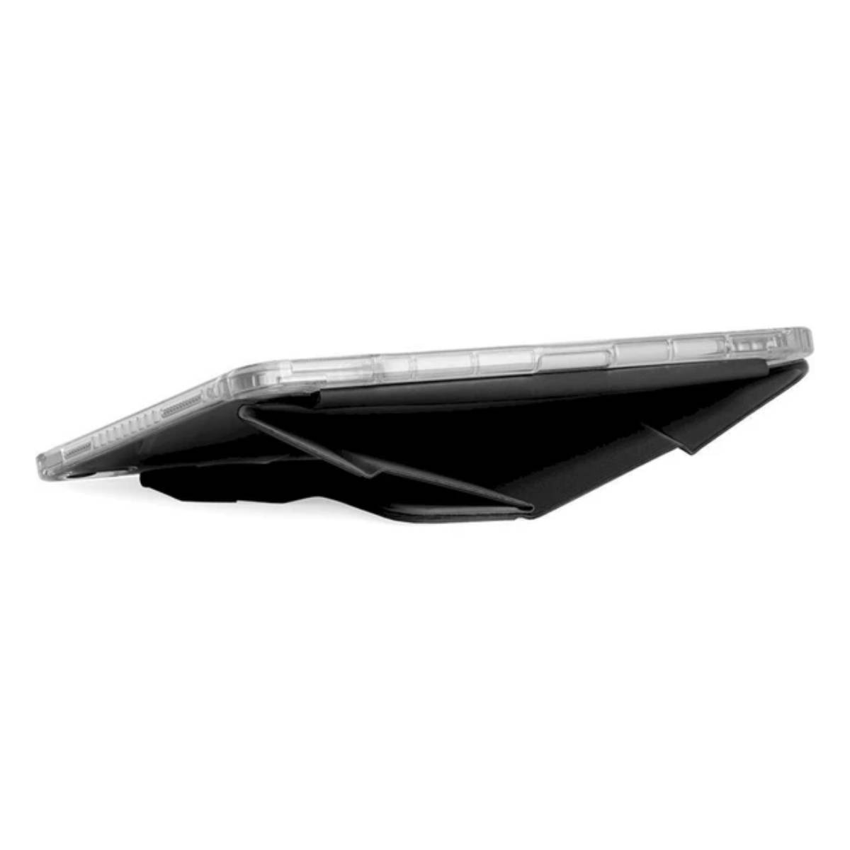 Tablet in una custodia trasparente, supportato da un supporto pieghevole nero, su sfondo bianco.