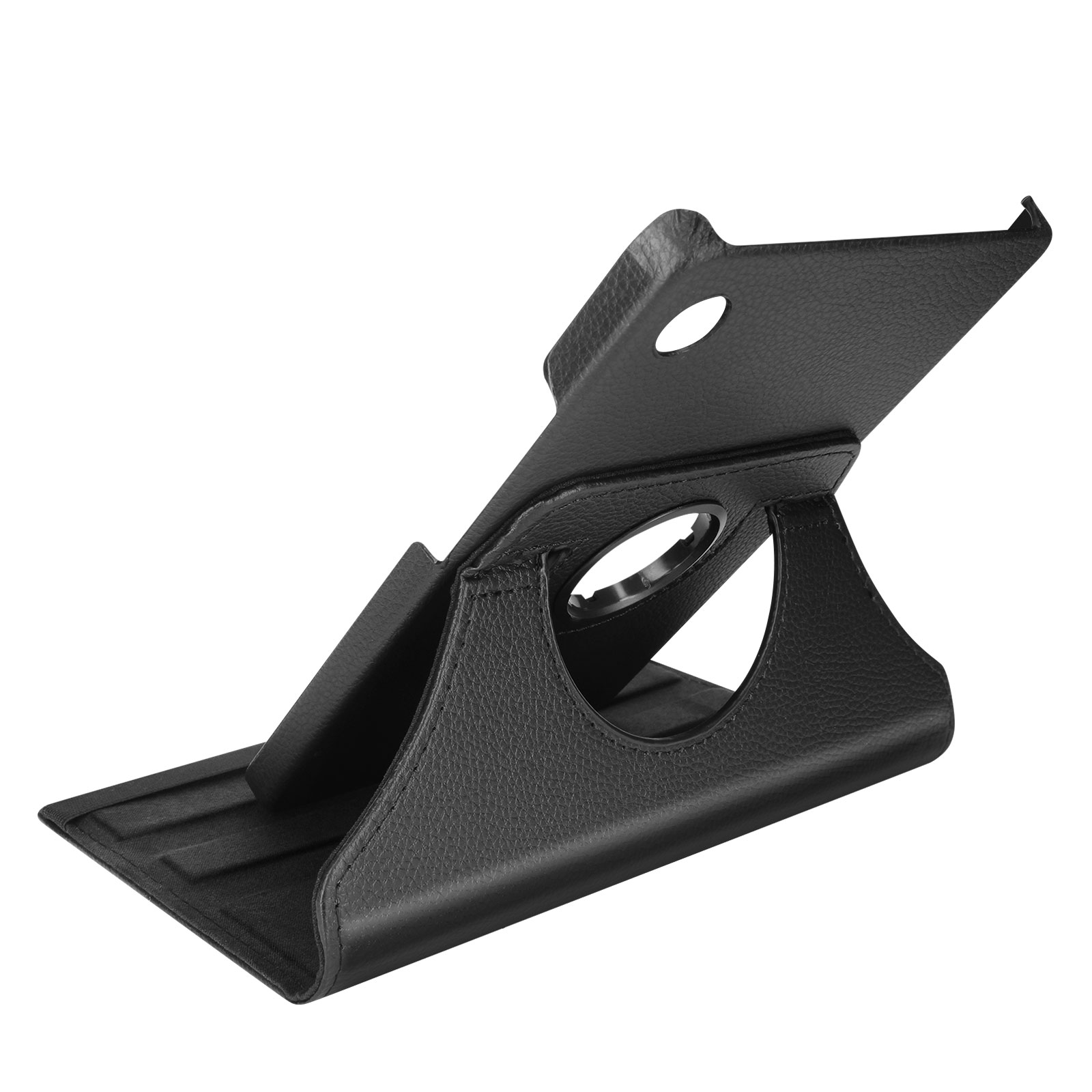 Supporto per tablet nero, aperto. Il supporto ha un ritaglio circolare. Texture in pelle visibile.