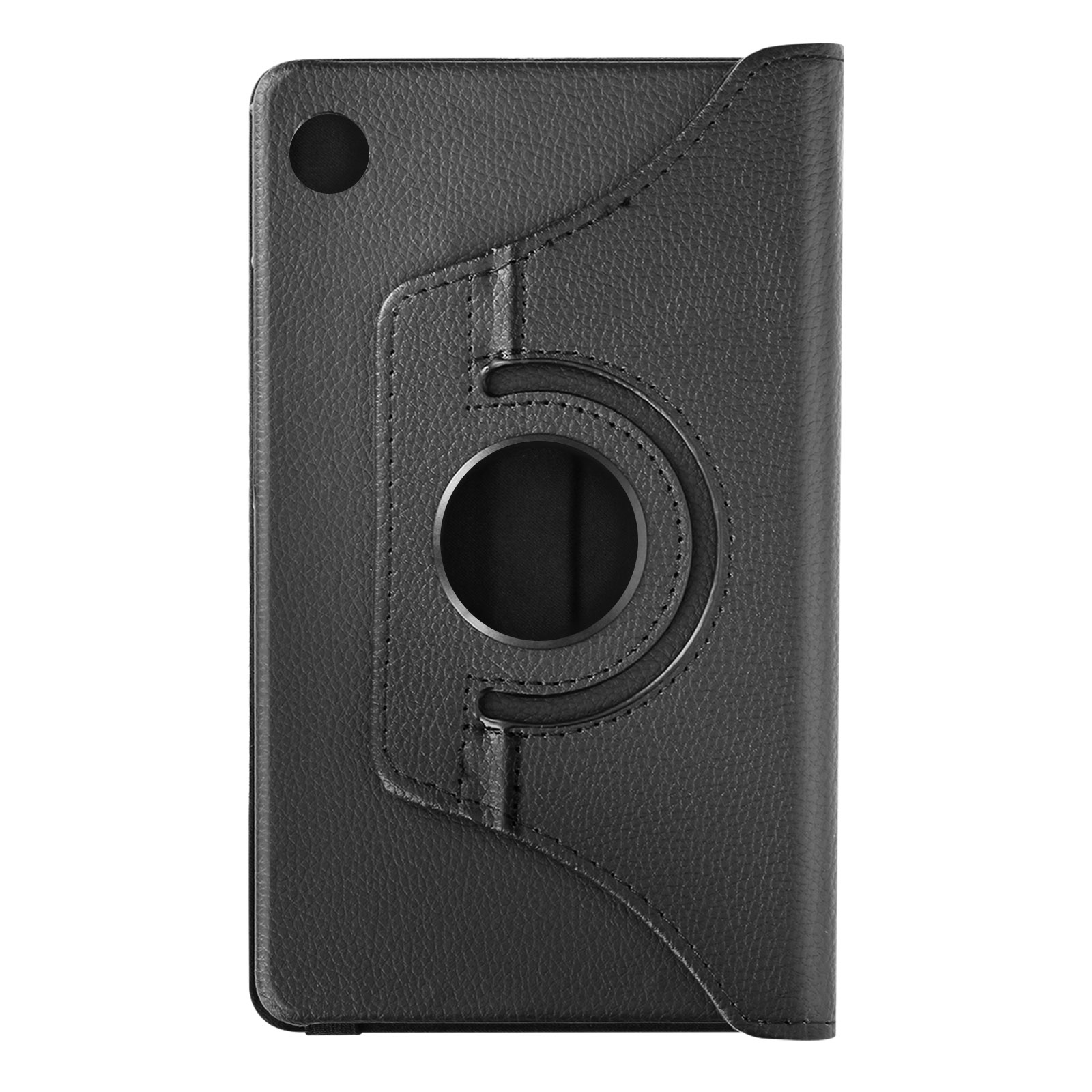 Custodia per tablet nera. Il retro ha un foro rotondo e un bordo rialzato. La custodia è chiusa.