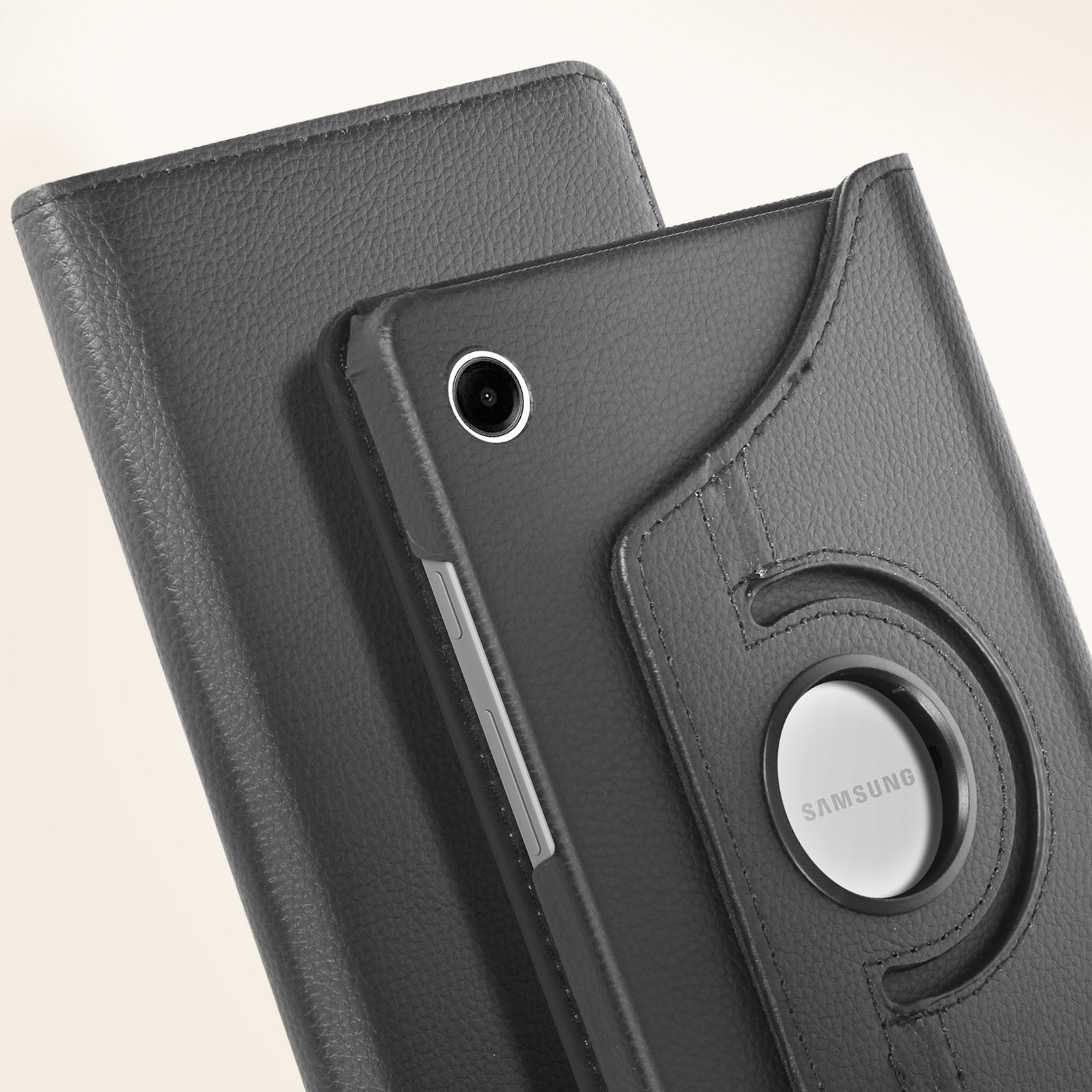 Custodia per tablet, nera e grigia. Presenta una fotocamera e il logo Samsung.
