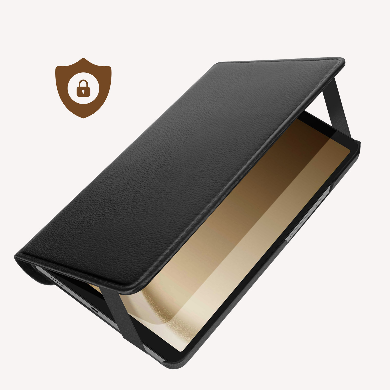 Custodia nera per tablet, aperta per mostrare il tablet. Icona scudo marrone con lucchetto sullo sfondo.