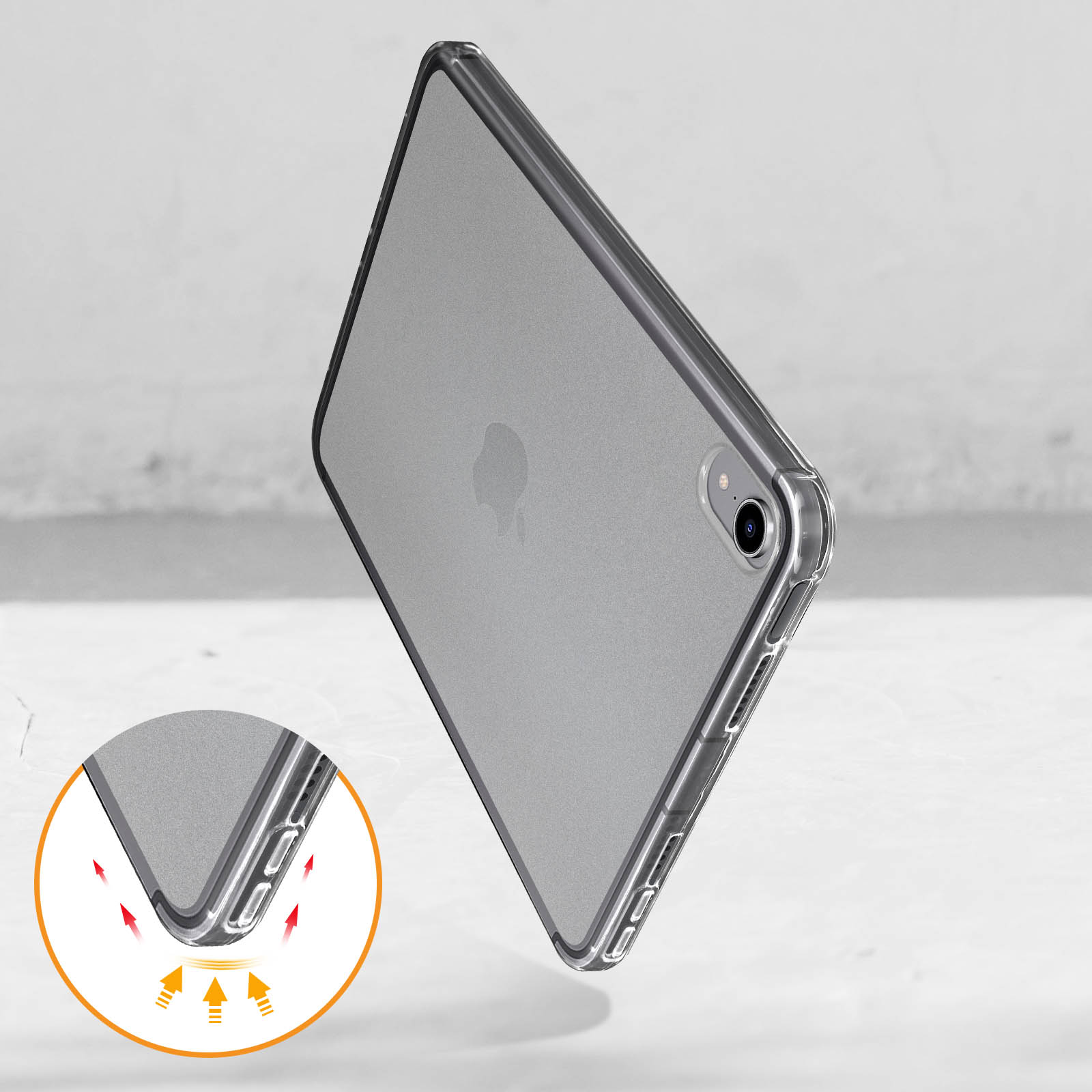 Tablet in klarer Hülle. Pfeile weisen auf Aufprallschutz hin. Apple-Logo sichtbar.