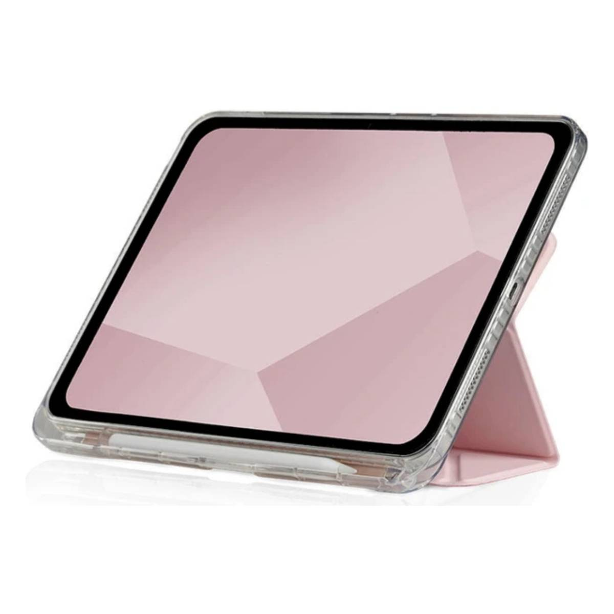 Tablet rosa con una custodia trasparente, sollevato. Una penna bianca è attaccata. Sfondo bianco.