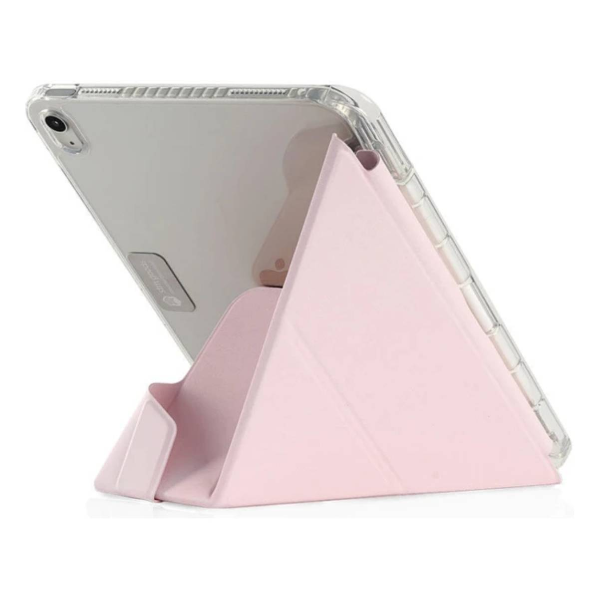 Tablet in custodia trasparente su supporto rosa. Il supporto è triangolare.