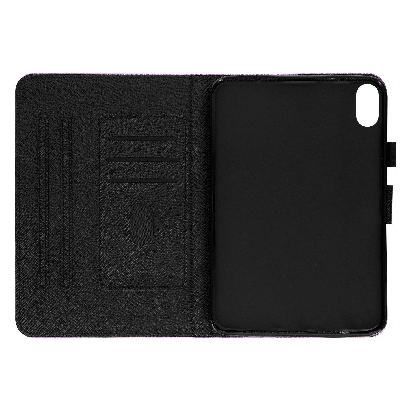 Custodia per tablet aperta con fessure per carte e tablet all'interno. Nero e viola.