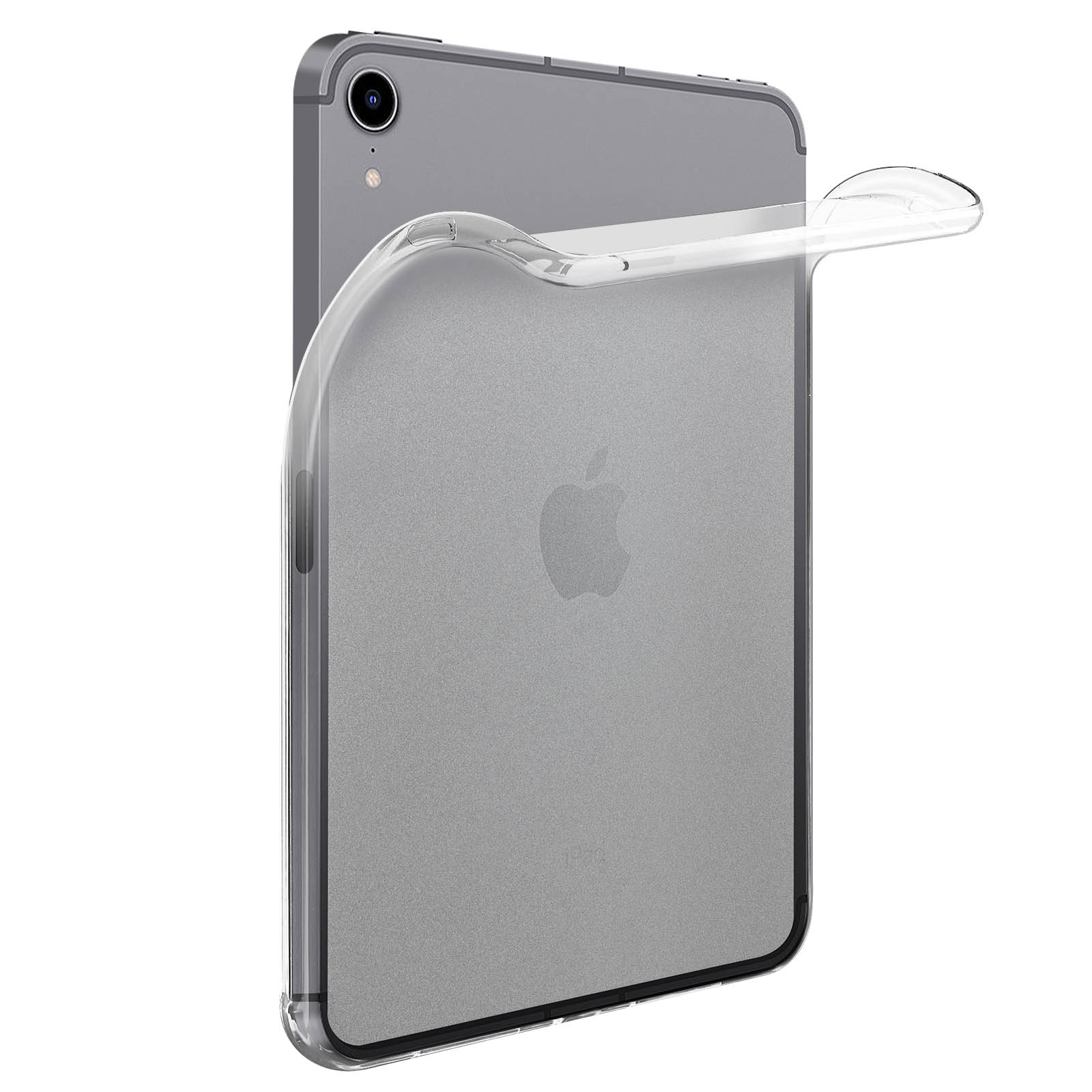Apple Tablet mit klarer Schutzhülle. Das Apple-Logo ist sichtbar.