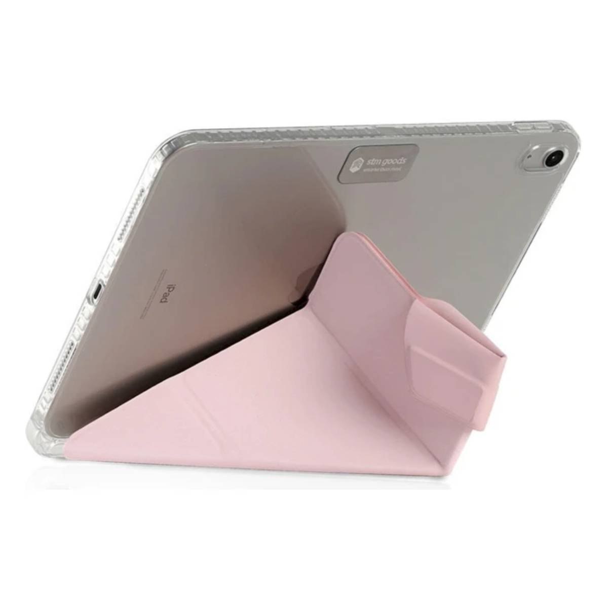 Tablet in custodia rosa con supporto. Sfondo bianco.