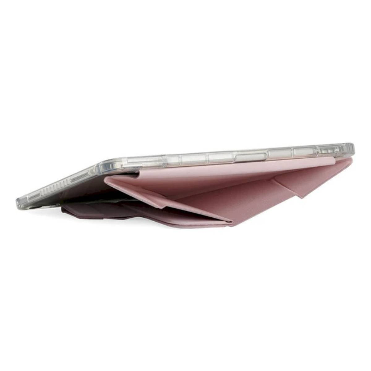 Tablet in una custodia rosa, piegato ad angolo. Vista chiara della custodia e del tablet.