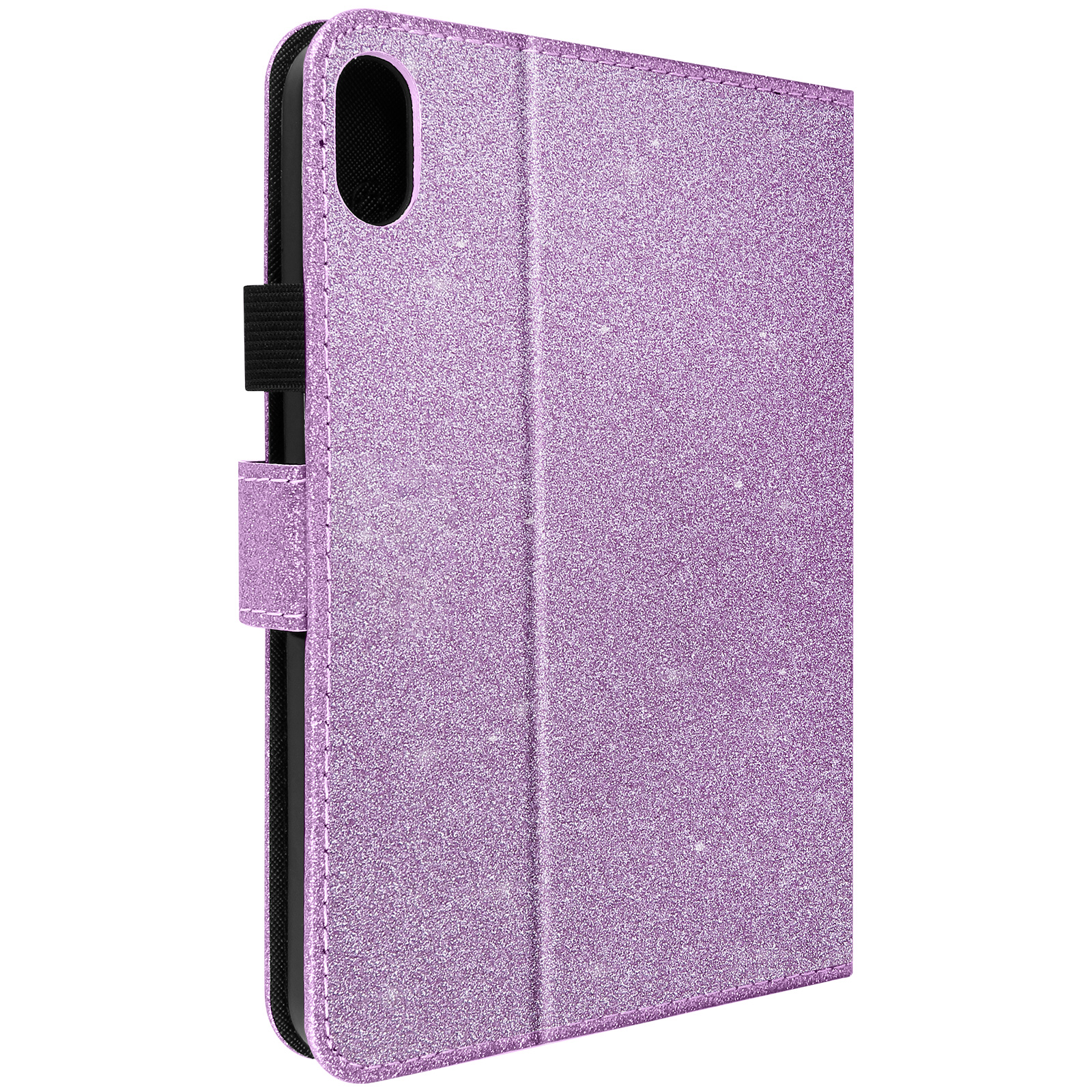Una custodia per tablet viola glitterata chiusa con un cinturino e chiusura neri.