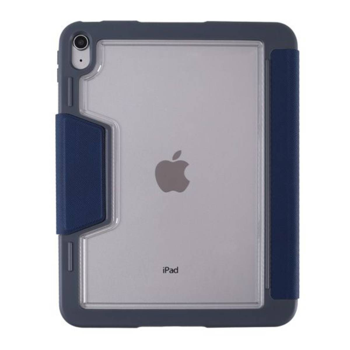 Custodia per tablet blu e grigia con logo Apple. Supporto visibile.
