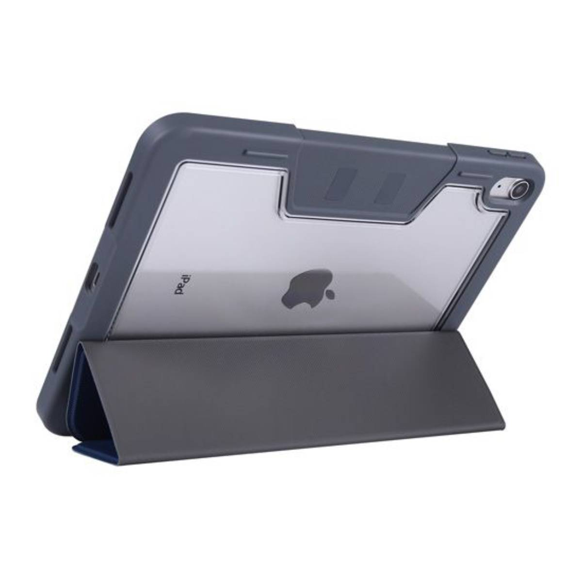 Tablet in una custodia grigia, aperto e supportato. Retro trasparente, logo Apple visibile.
