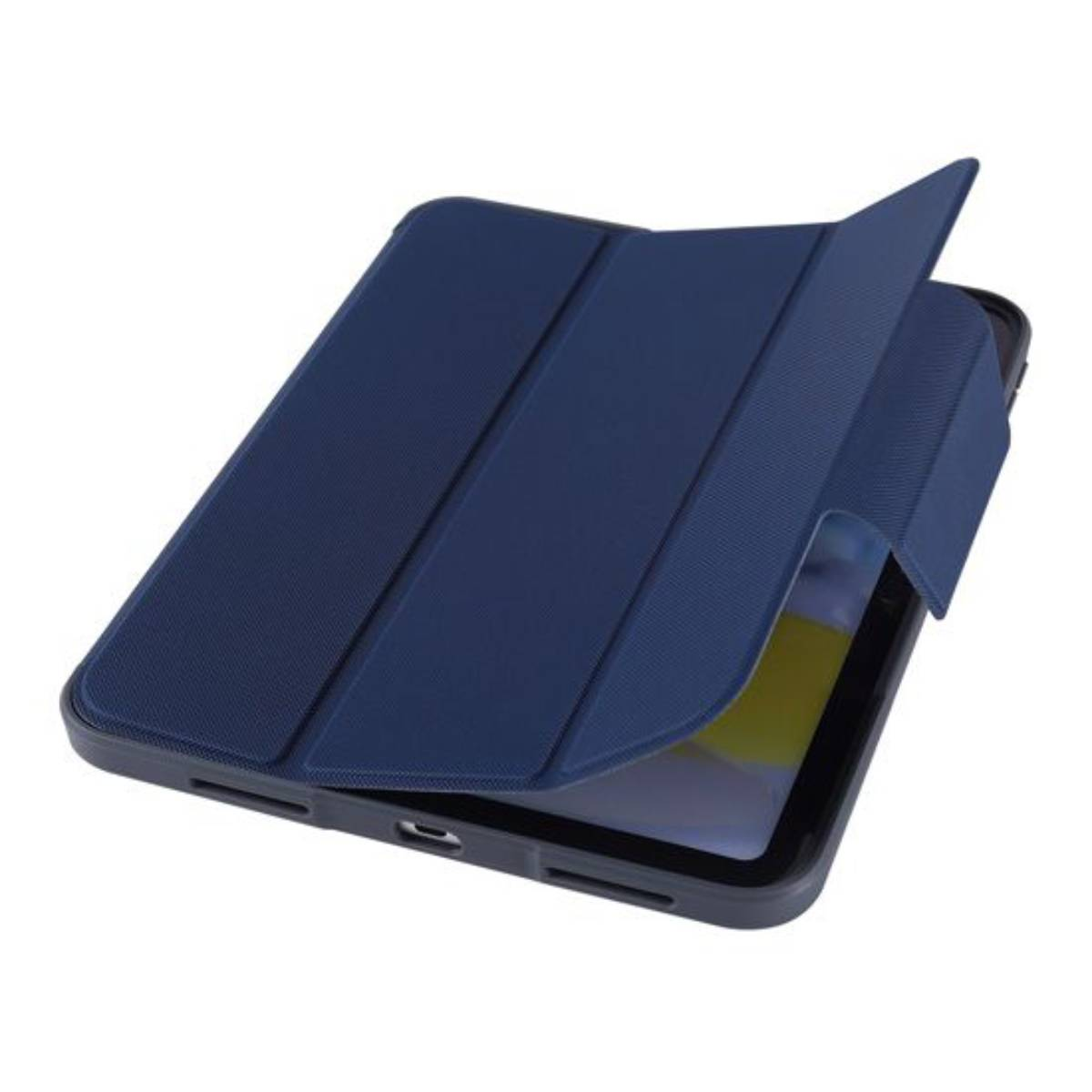 Custodia blu per tablet, aperta, rivela il tablet all'interno. È su una superficie bianca.