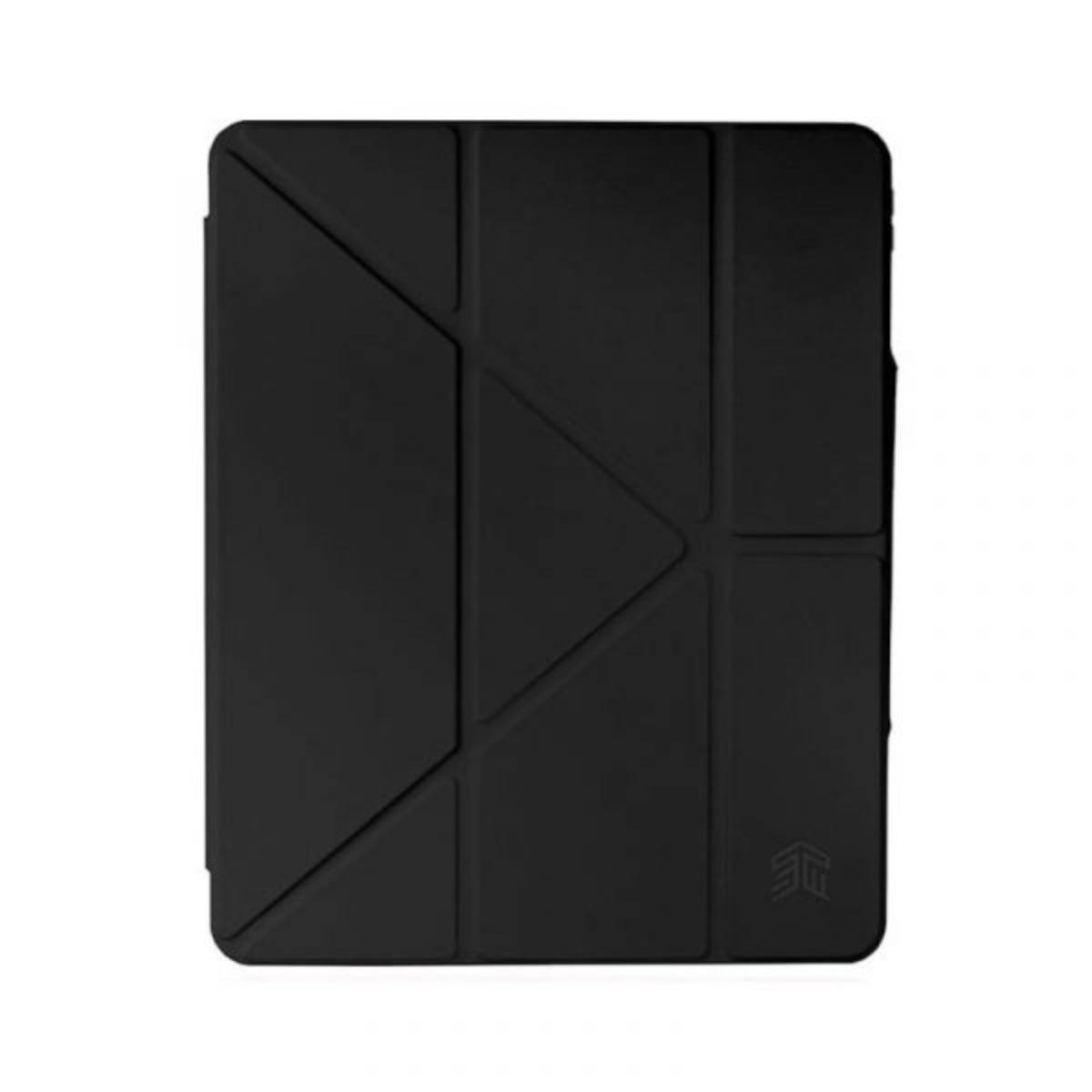 Custodia per tablet nera con motivo geometrico. La custodia è chiusa.