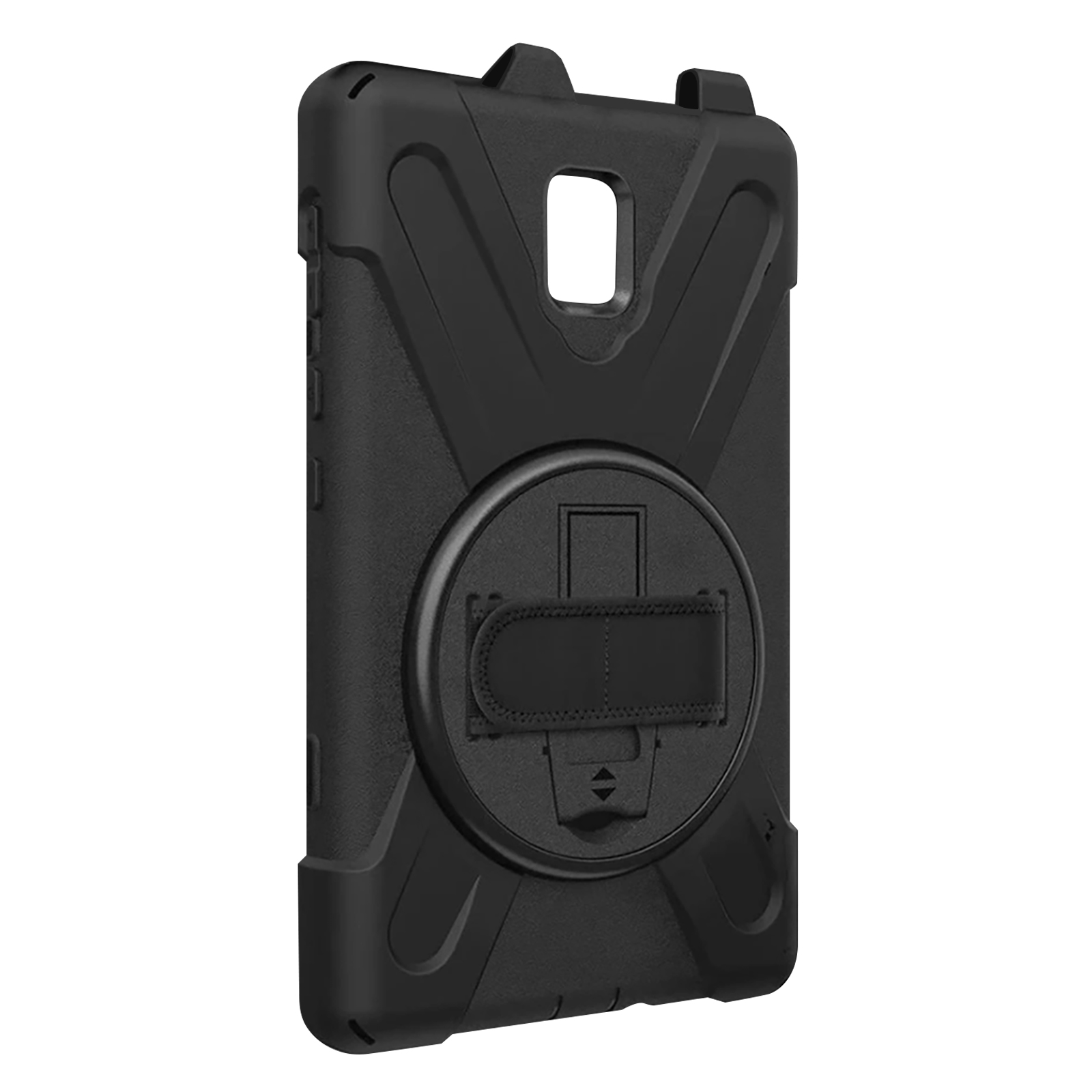Eine schwarze Tablet-Hülle mit Handschlaufe und Ständer. Die Hülle ist robust.