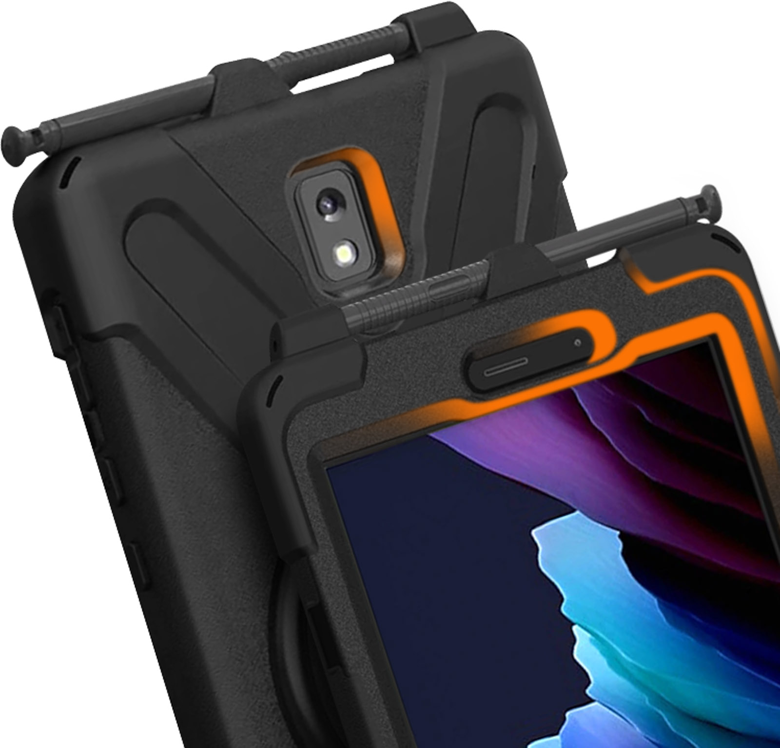 Schwarz-orange Tablethülle mit Tablet. Stylus-Stift oben drauf.