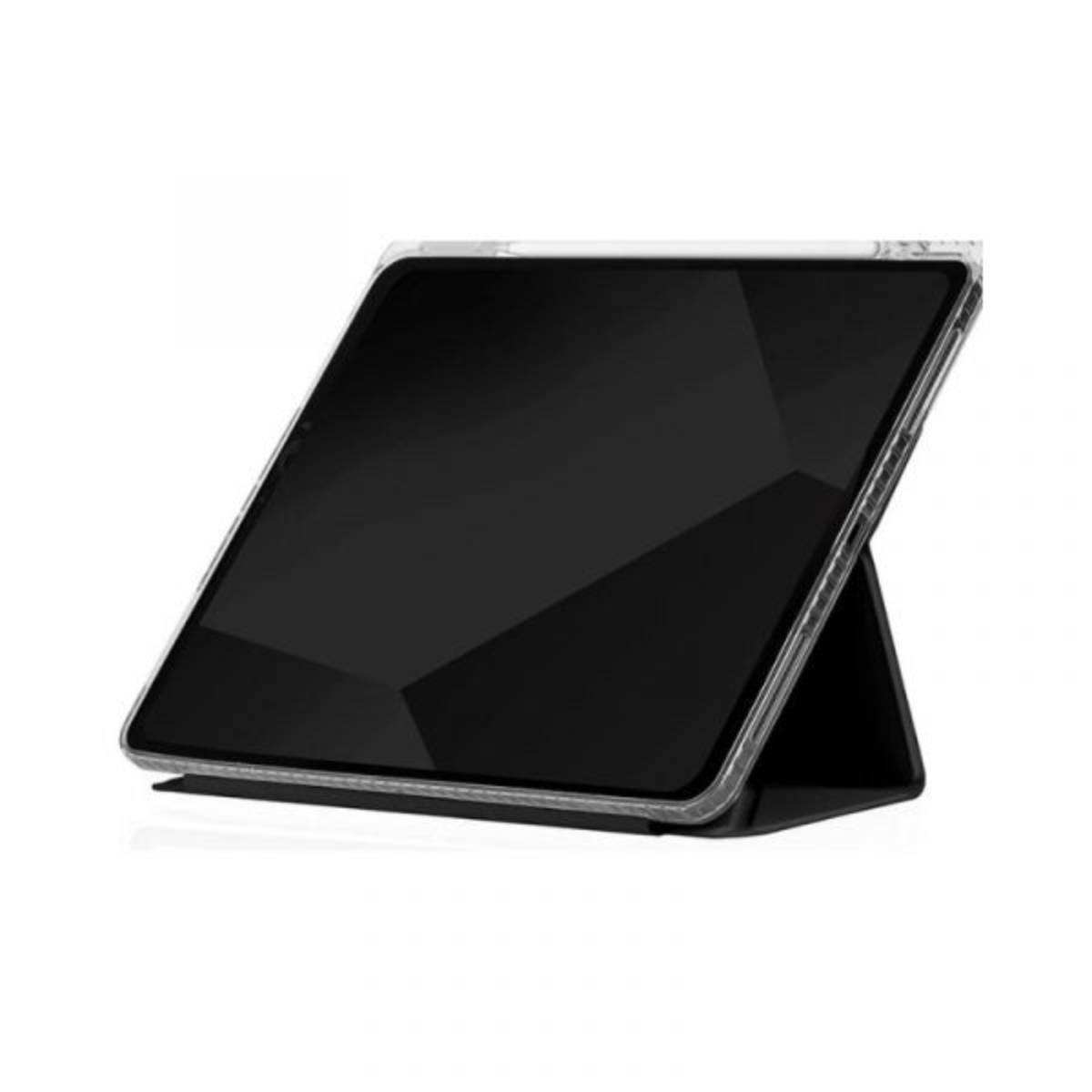 Tablet nero in una custodia trasparente, sollevato. Sfondo bianco. La custodia è chiusa.