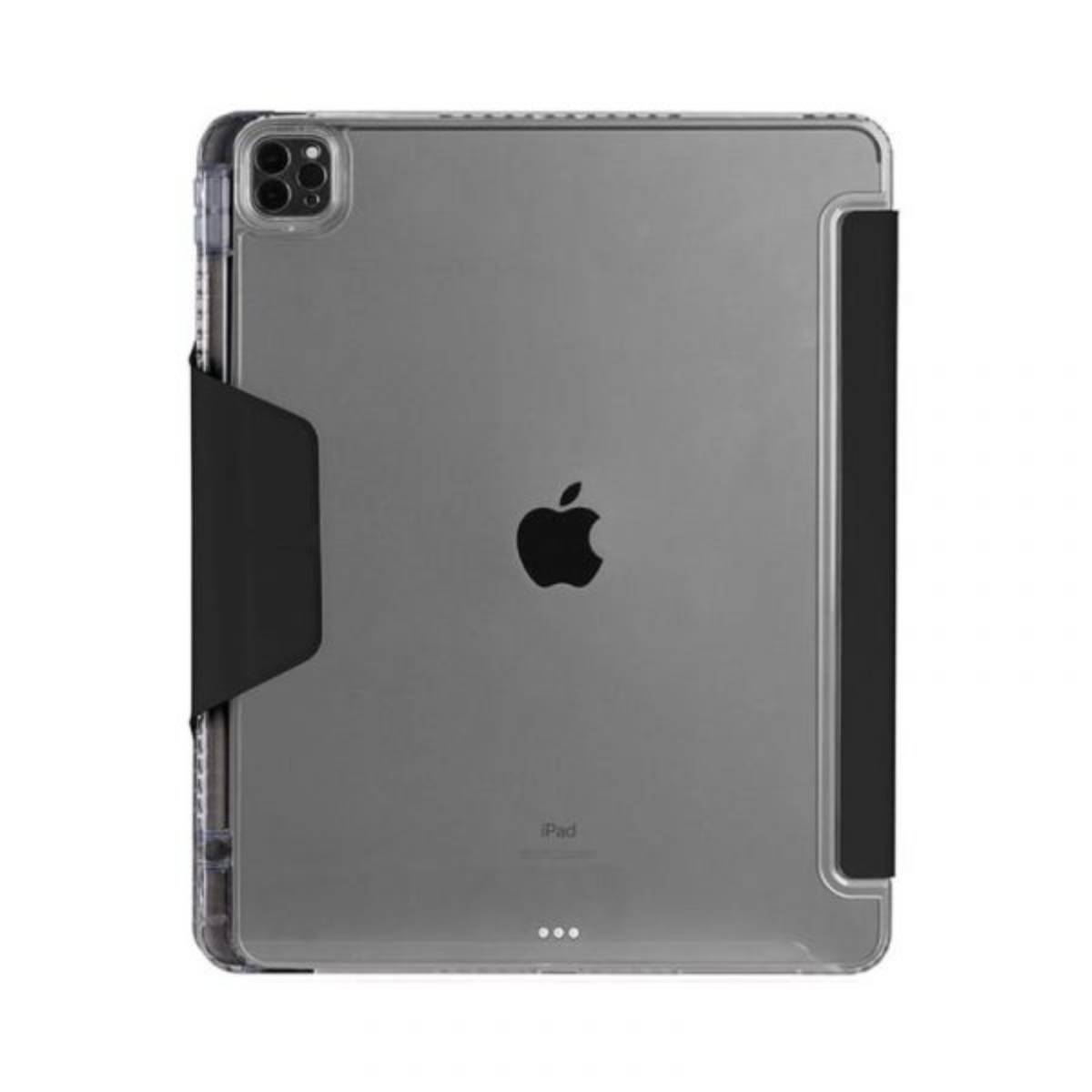 iPad in custodia trasparente con logo Apple nero. Accessorio nero allegato.