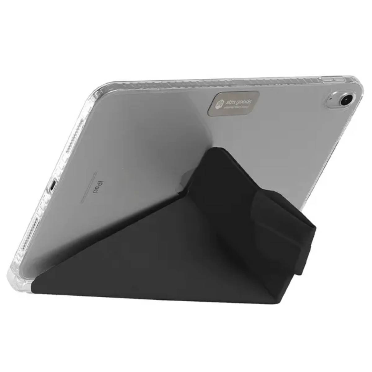 Custodia per tablet trasparente con un tablet all'interno. La custodia sostiene il tablet.