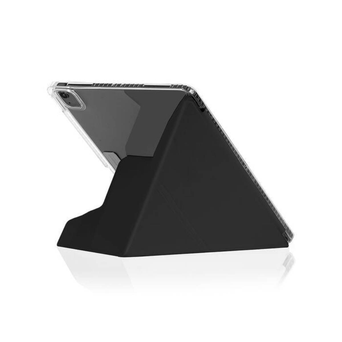 Custodia nera per tablet, in piedi su un supporto. Retro trasparente. Sfondo bianco.