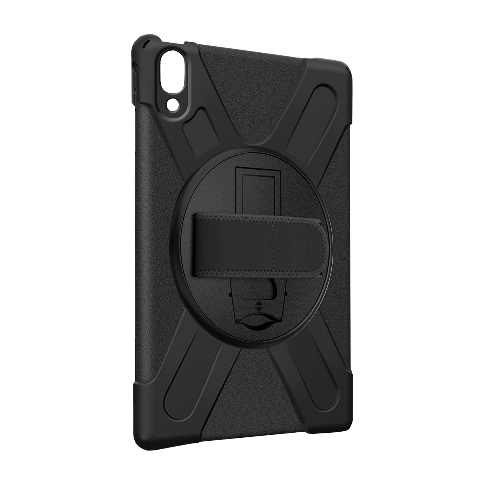 Custodia per tablet nera con cinturino e design robusto.