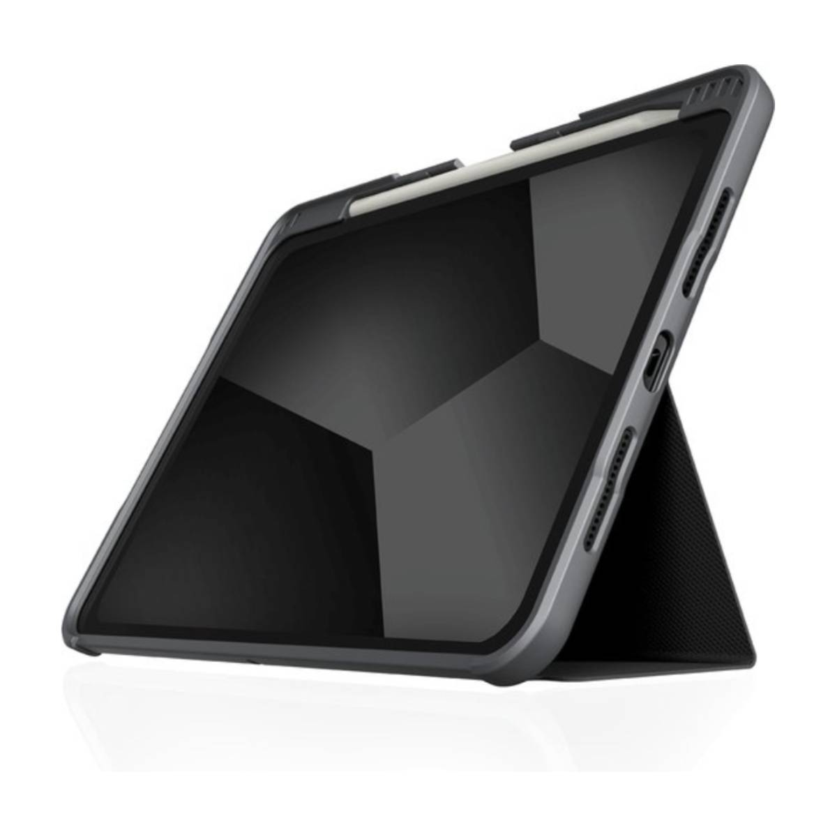 Tablet in una custodia, angolato per visualizzare lo schermo. Custodia grigia con schermo nero.