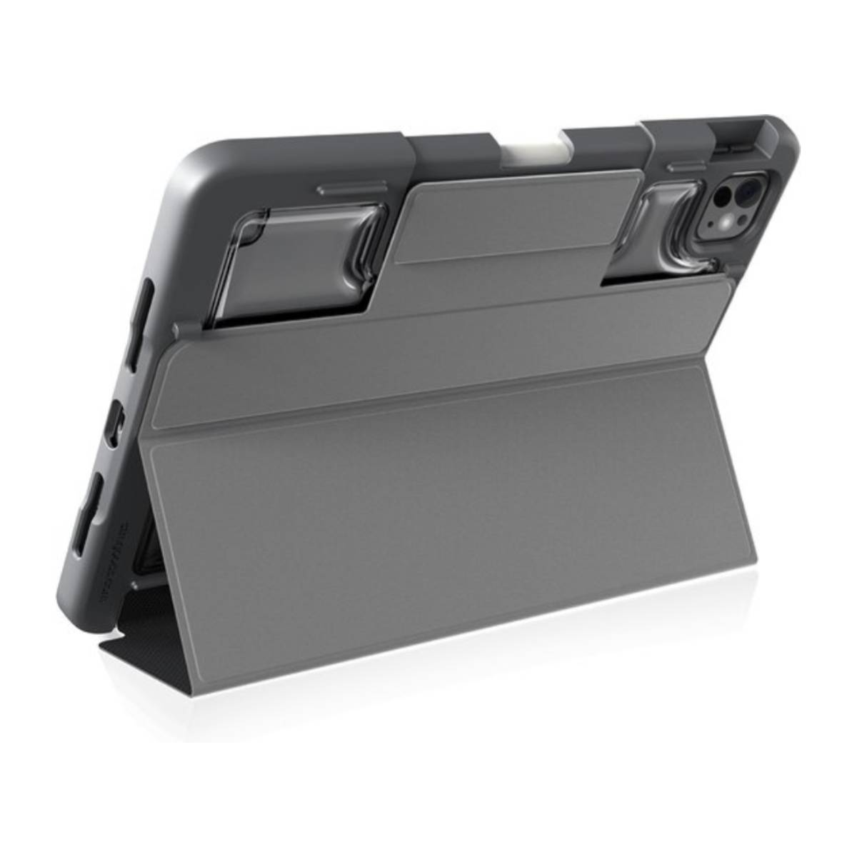 Tablet in una custodia grigia, aperto con lo schermo rivolto verso l'alto. Retro trasparente, logo Apple visibile.