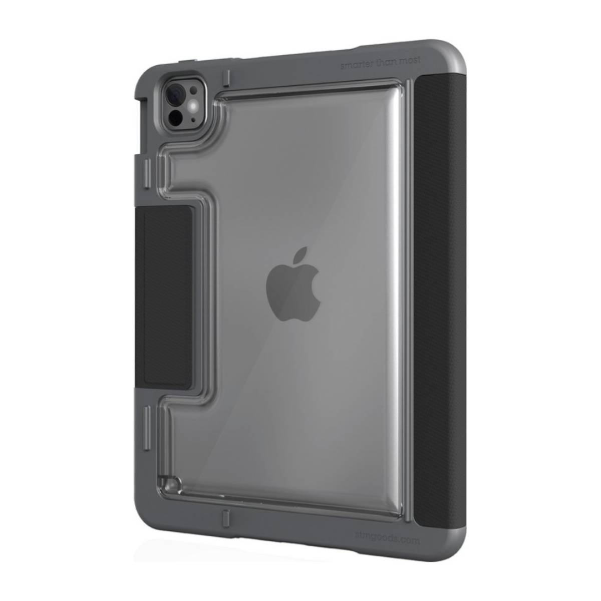 Tablet in una custodia grigia con cinturino nero. Il logo Apple è visibile. Sfondo bianco.