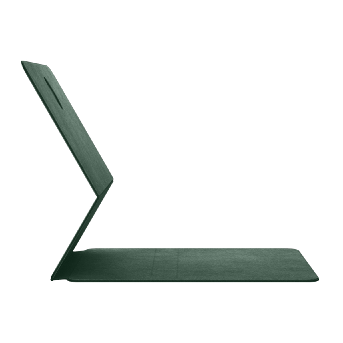 Custodia per tablet verde, aperta, con base piatta e sezione rialzata.