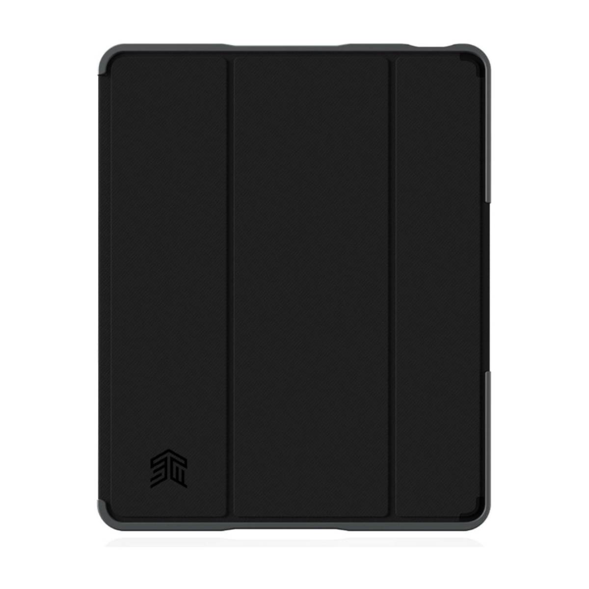 Custodia nera per tablet, chiusa, con un logo. Nero sul davanti. Bordo grigio.