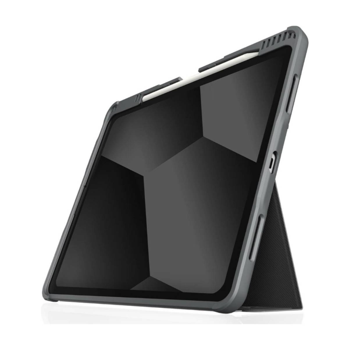 Tablet con custodia grigia, appoggiato. Pennino sul bordo superiore. La custodia è grigio scuro.
