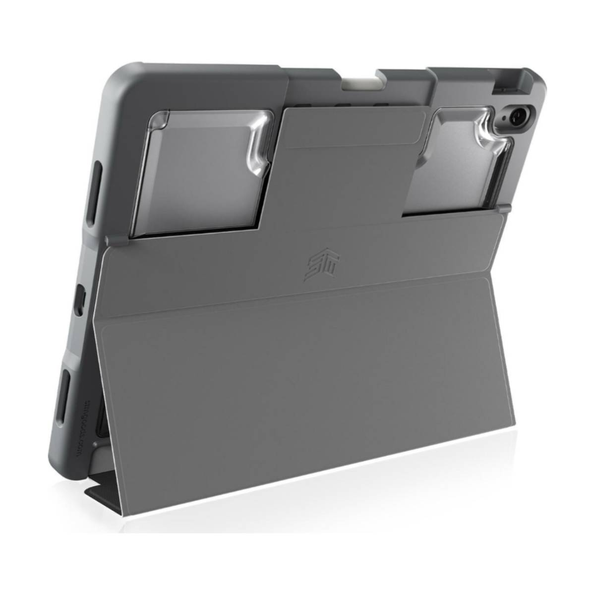 Custodia grigia per tablet con supporto. Il supporto è alzato. Sfondo bianco.