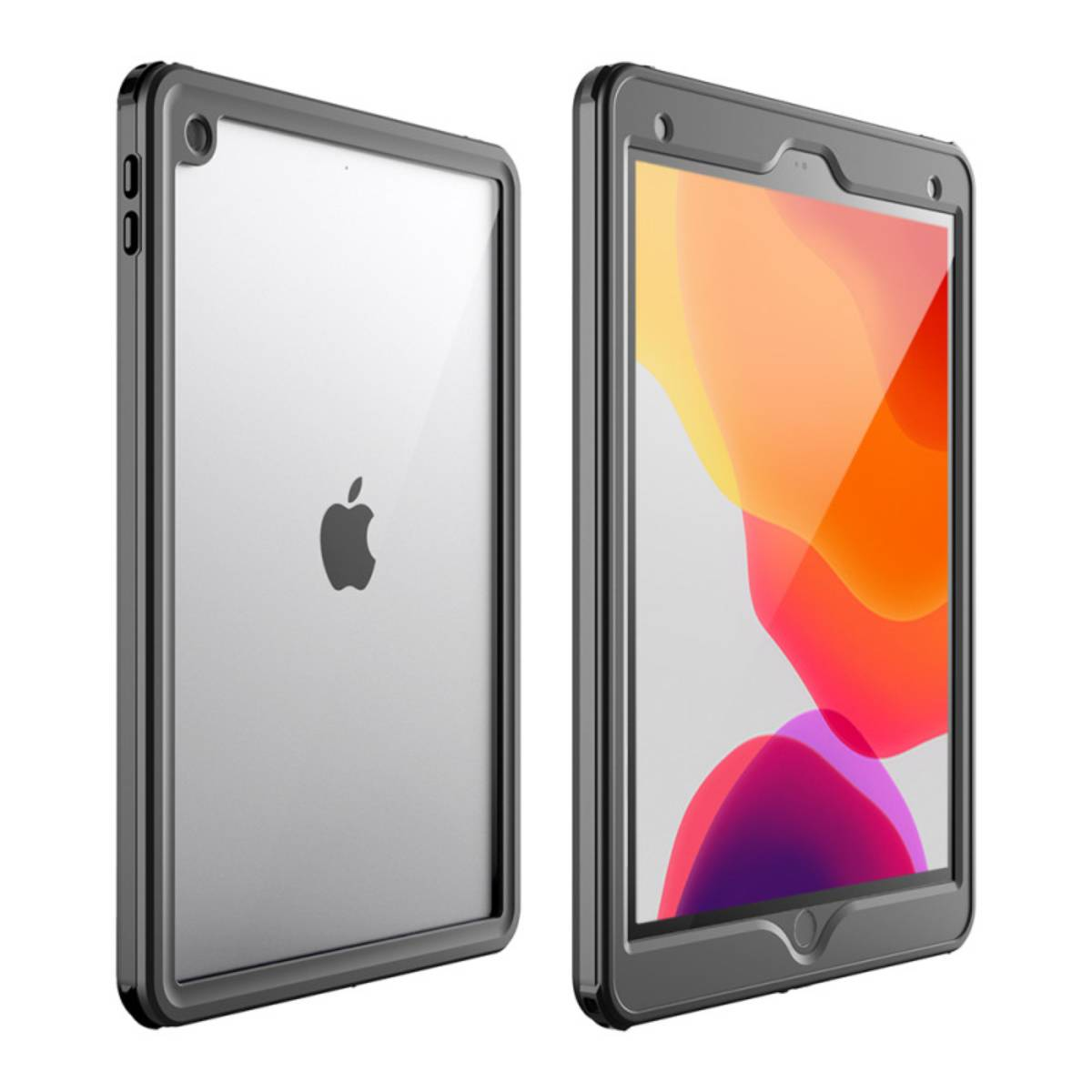Zwei Ansichten einer grauen Tablet-Hülle. Das Apple-Logo ist sichtbar.