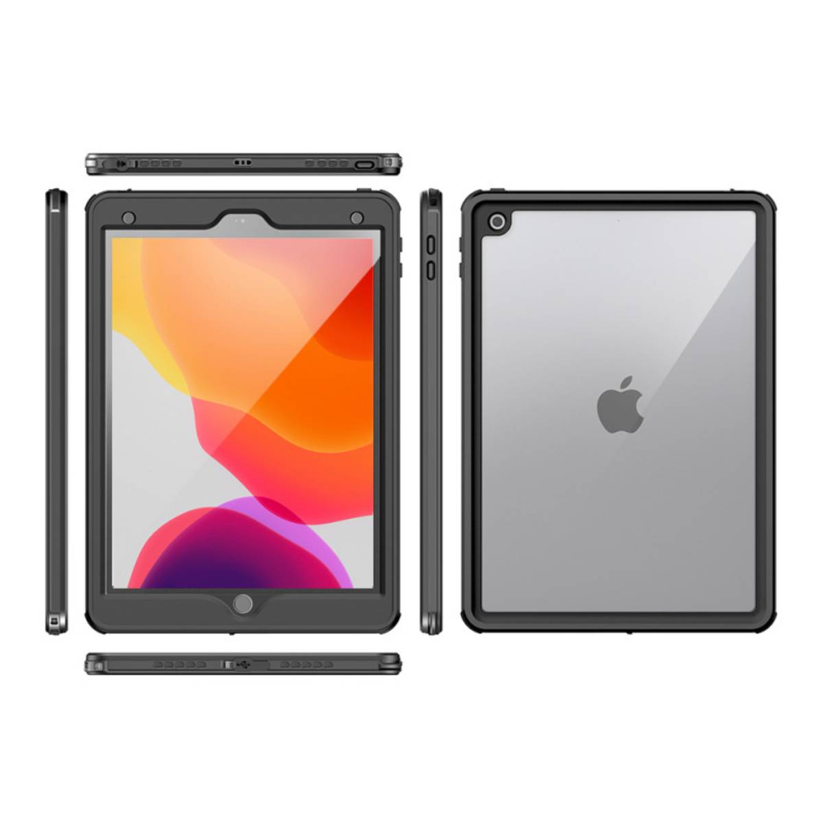 Mehrere Ansichten eines Tablets in einer schwarzen Hülle, einschließlich Ober-, Seiten- und Vorderansicht.