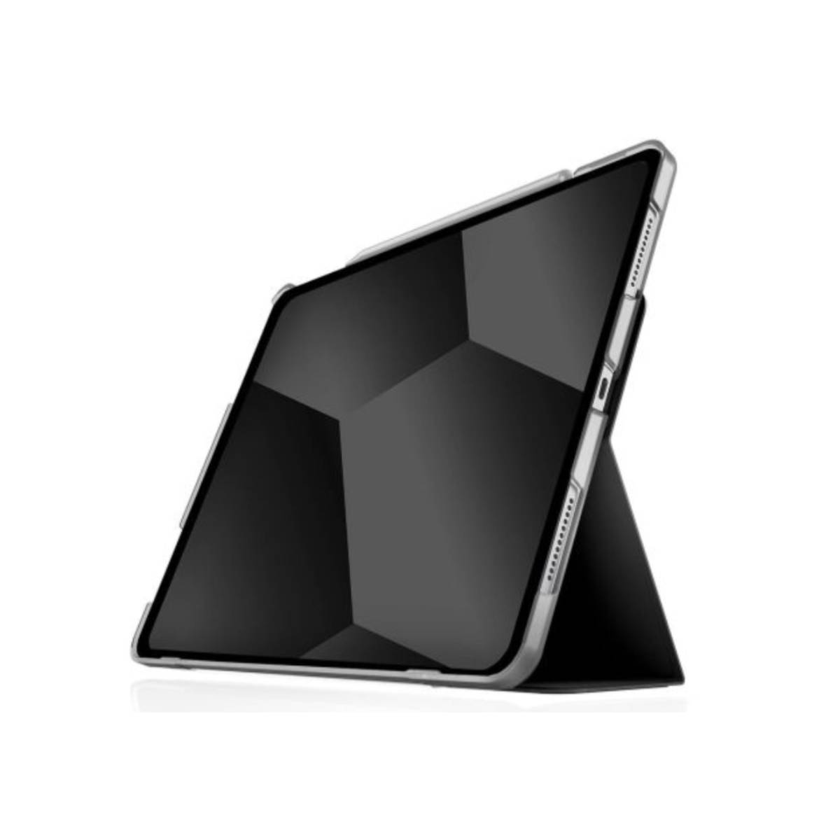 Tablet in una custodia, puntellato. Design nero e geometrico sul retro.