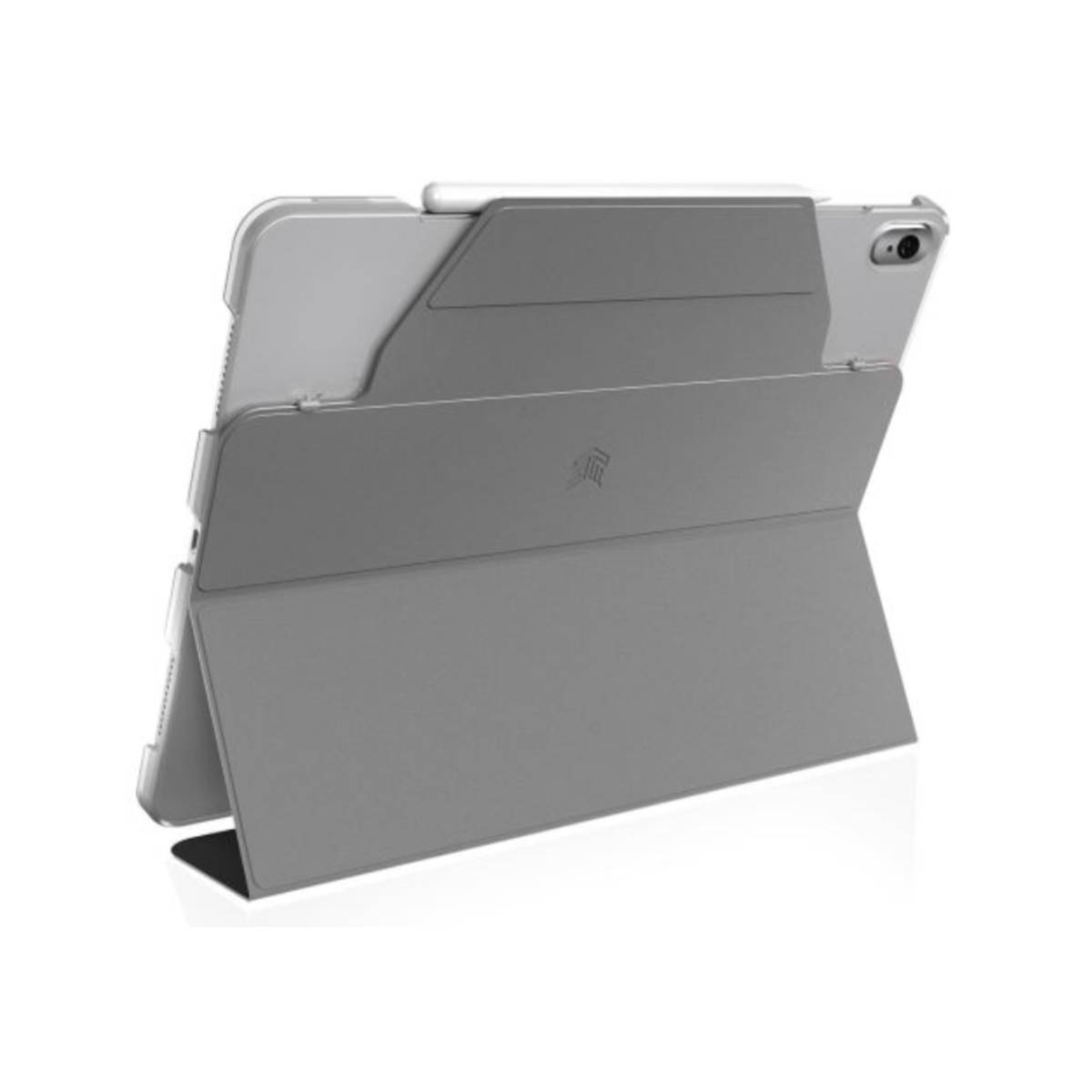 Custodia per tablet grigia piegata. Include una penna e un supporto. Sfondo bianco.
