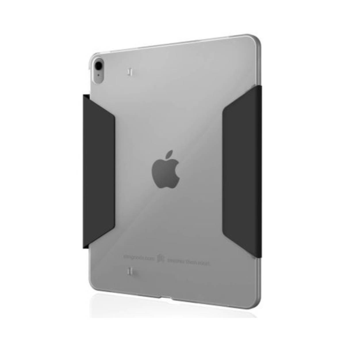 iPad in una custodia, vista posteriore con logo Apple. Dettagli neri sui lati.